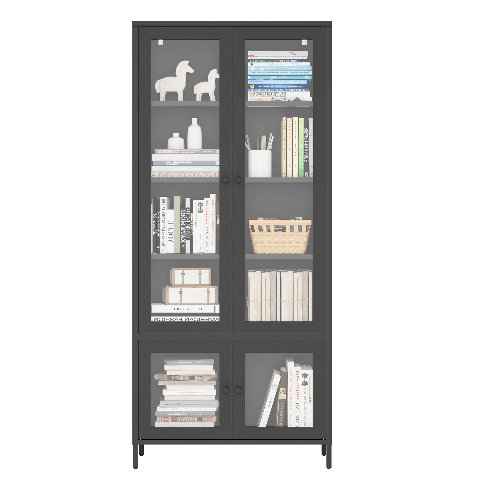 Large Metal Storage Cabinet Display Cabinet With 4 Glass Doors 5 Shelves Side Cabinet Bookcase Freestanding Cabinet For Bedroom Living Room Pantry Home Office Black, Reinforced Tempered Glass Freestanding 5 Or More Shelves Black Primary Living Space