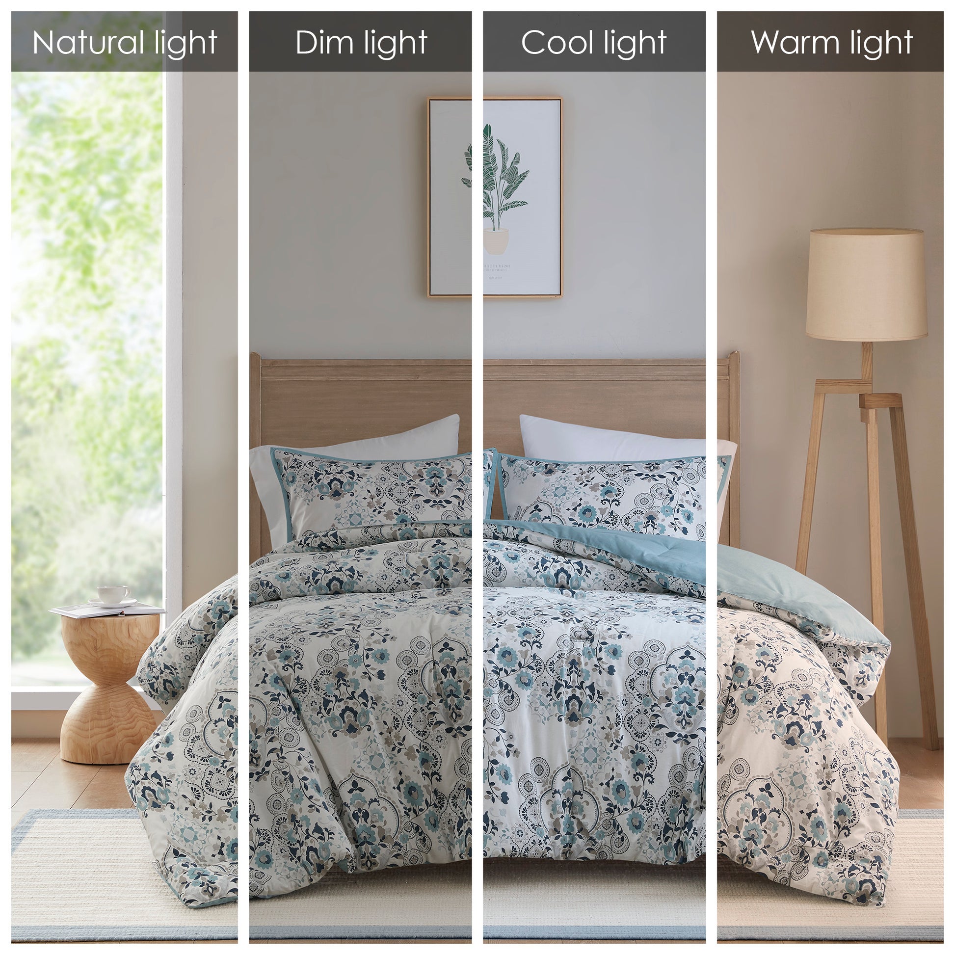 3 Piece Floral Printed Cotton Comforter Set Blue King Cal King King Blue Cotton