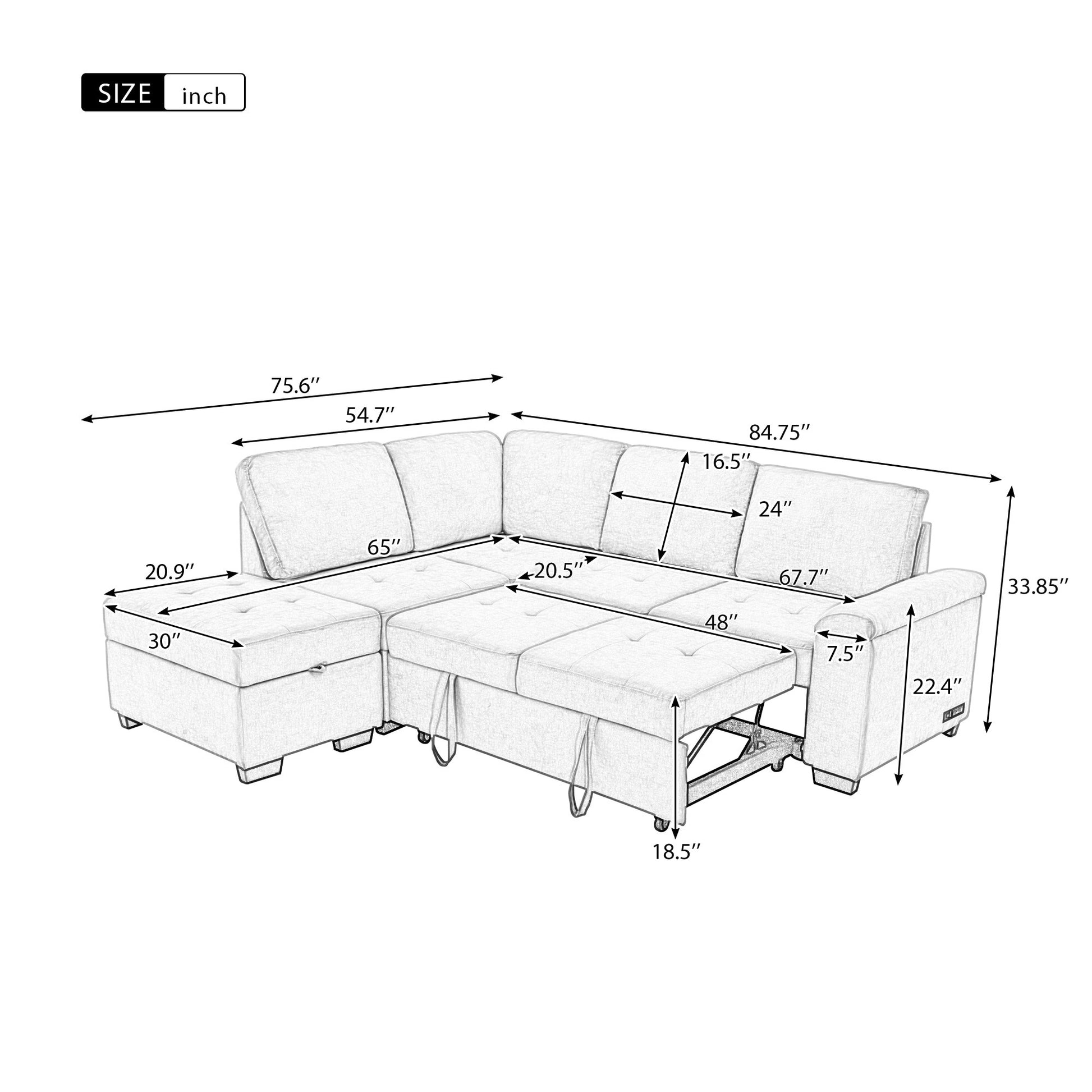 Sleeper Sectional Sofa, L Shape Corner Couch Sofa Bed With Storage Ottoman & Hidden Arm Storage & Usb Charge For Living Room Apartment, Dark Gray Dark Gray Linen 4 Seat