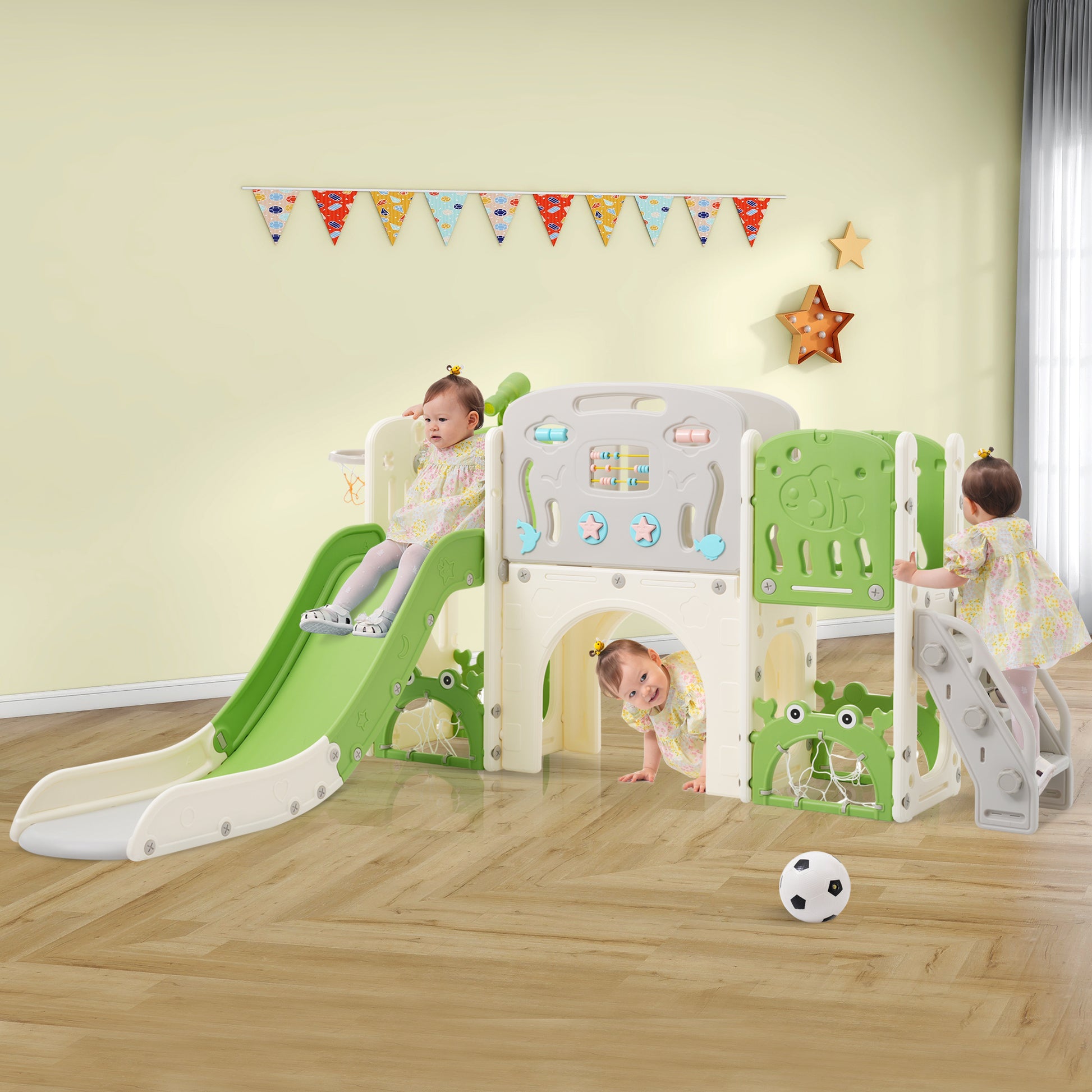 11 In 1 Toddler Slide, Kids Slide For Toddler Age 1 3 With Basketball Hoop, Kids Slide Playset Structure,Arch Tunnel And Telescope, Toy Storage Organizer For Toddlers, Kids Climbers Playground Green Cute 1 To 2 Years Hdpe Indoor & Outdoor Use