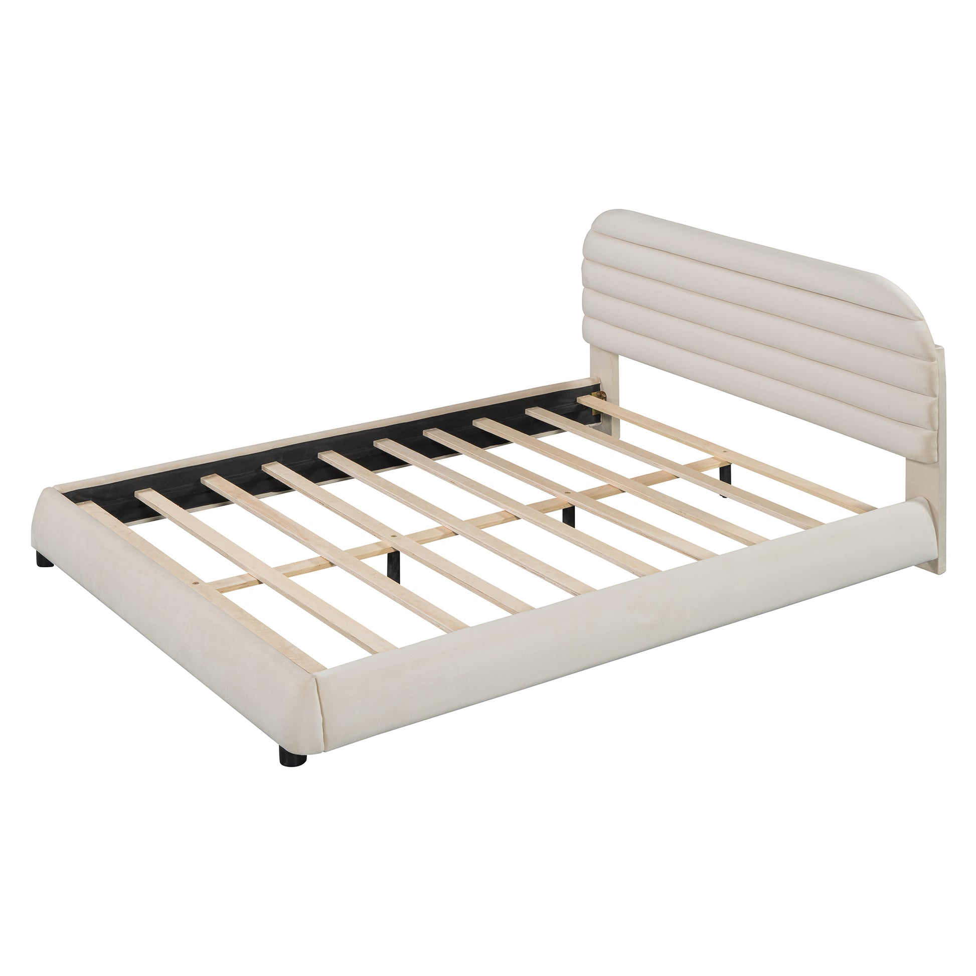 Queen Size Velvet Upholstered Platform Bed,Solid Frame And Stylish Curve Shaped Design, Beige Queen Beige Velvet