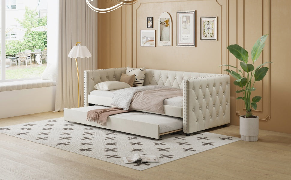 Twin Size Tufted Upholstered Daybed With Trundle, Velvet Sofabed With Rivet Design, No Box Spring Needed,Beige Twin Beige Velvet