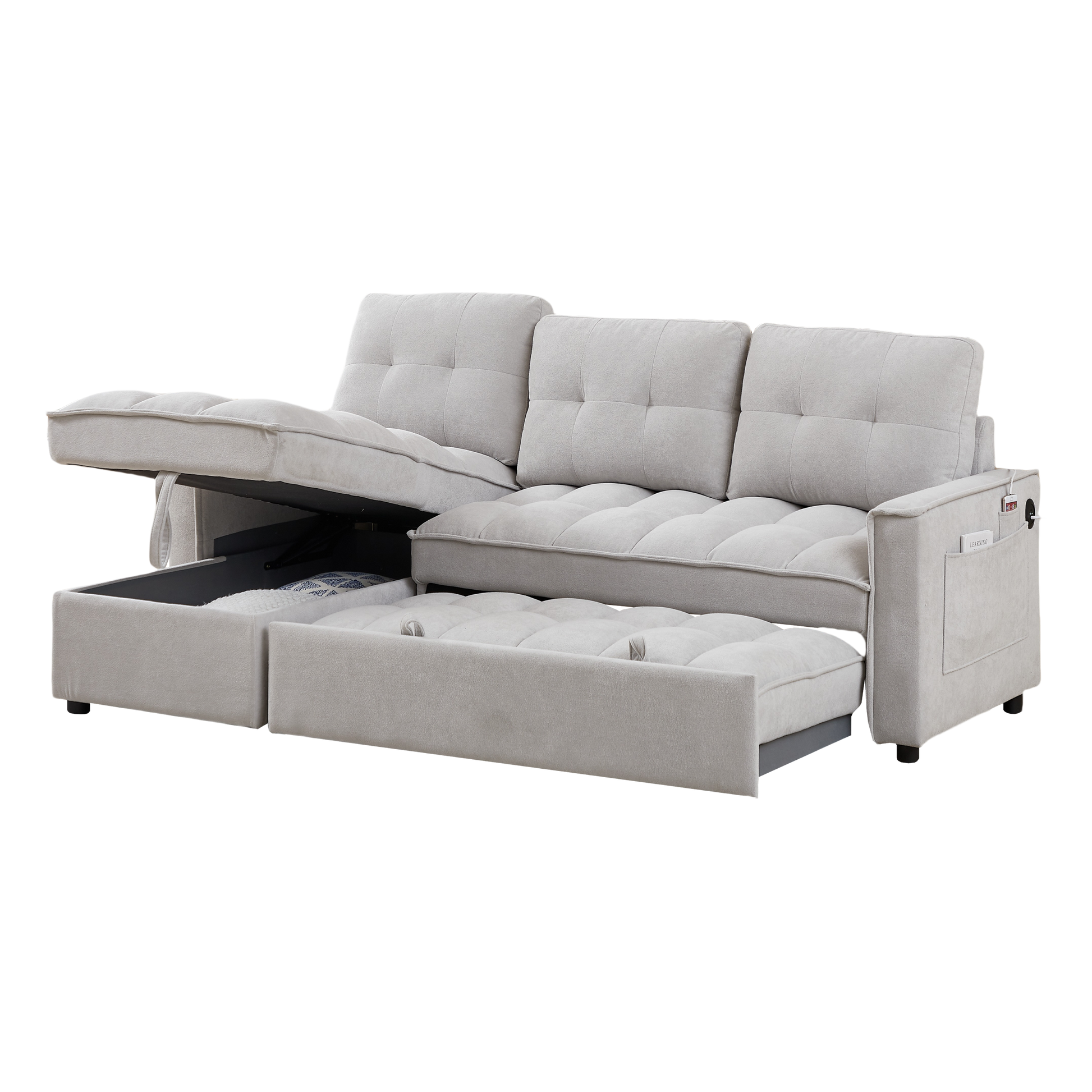 Mh 78.75" Reclining Sofa, Pull Out Sofa Bed With Usb And Tape C Charging Ports, L Shaped Sectional Sofa With Reclining Storage And Arm Side Organizer Pocket Features, Living Room Comfort Sofa Light Grey Chenille Wood Primary Living Space Eucalyptus Foam