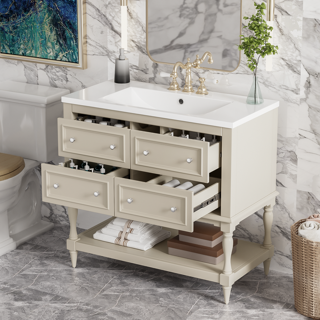 36" Bathroom Vanity Cabinet With Sink Combo Set, Undermount Resin Sink, Free Standing Vanity Set With 4 Drawers, Solid Wood Frame Bathroom Cabinet, Beige 4 Beige 1 Adjustable Hinges Bathroom Freestanding Solid Wood Mdf Resin Painted