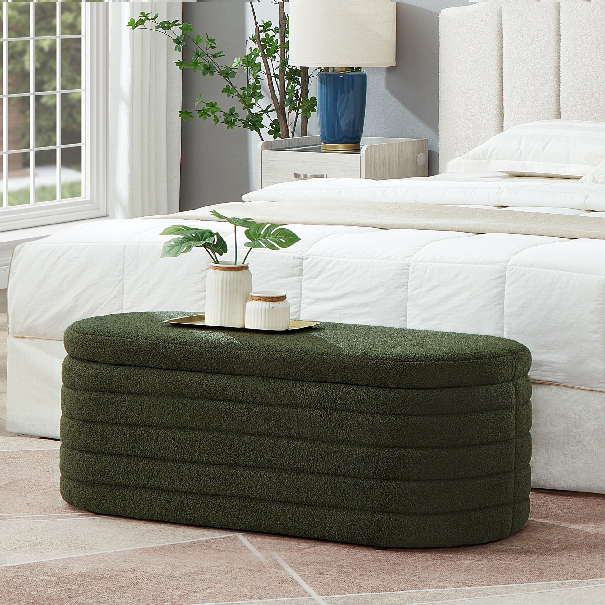 Modern Oval Storage Ottoman Bench, Upholstered Boucle Teddy Fabric End Of Bed Bench With Storage, End Of Bed Stool With Safety Hinge For Bedroom, Living Room, Entryway, Dark Green Dark Green Primary Living Space Oval Black American