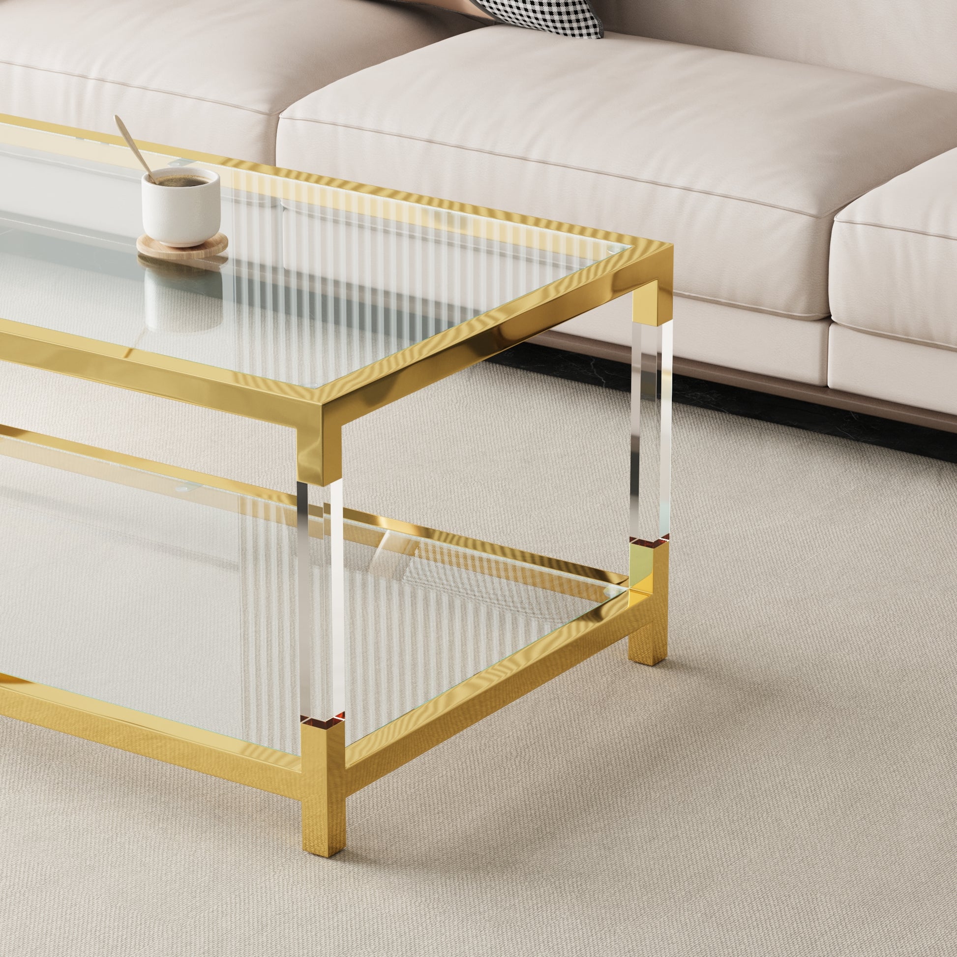 Modern Minimalist Living Room Furniture Set, Stylish Transparent Acrylic Leg Coffee Table, Square Edge Table, Tempered Glass Face Tea Table Combination Gold End Table Golden,Transparent Glass Acrylic