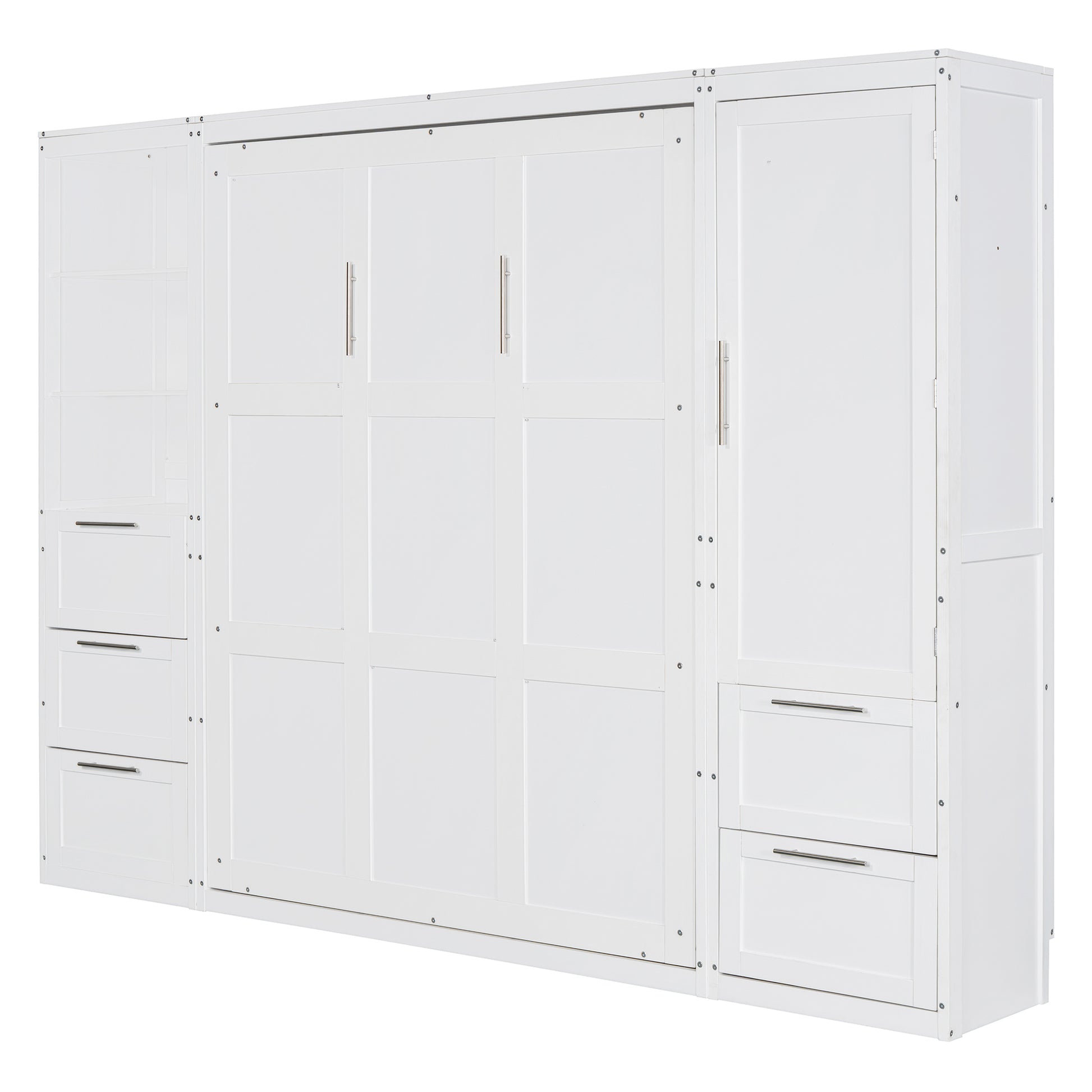 Queen Size Murphy Bed Wall Bed With Closet ,Drawers And Shelves,White Queen White Mdf Lvl