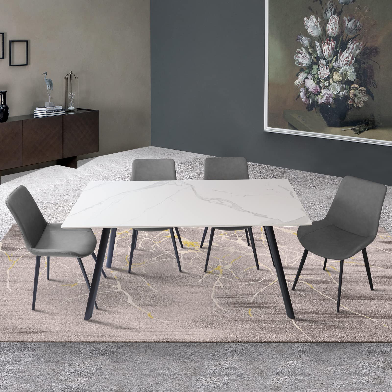 Dining Table With Sintered Stone Table Top And Metal Legs, Modern Kitchen Table For Living Room, Dining Room,Home And Office, White Table Matte White Seats 4 Dining Room Kitchen & Dining Tables Rectangular Carbon Steel Sintered Stone