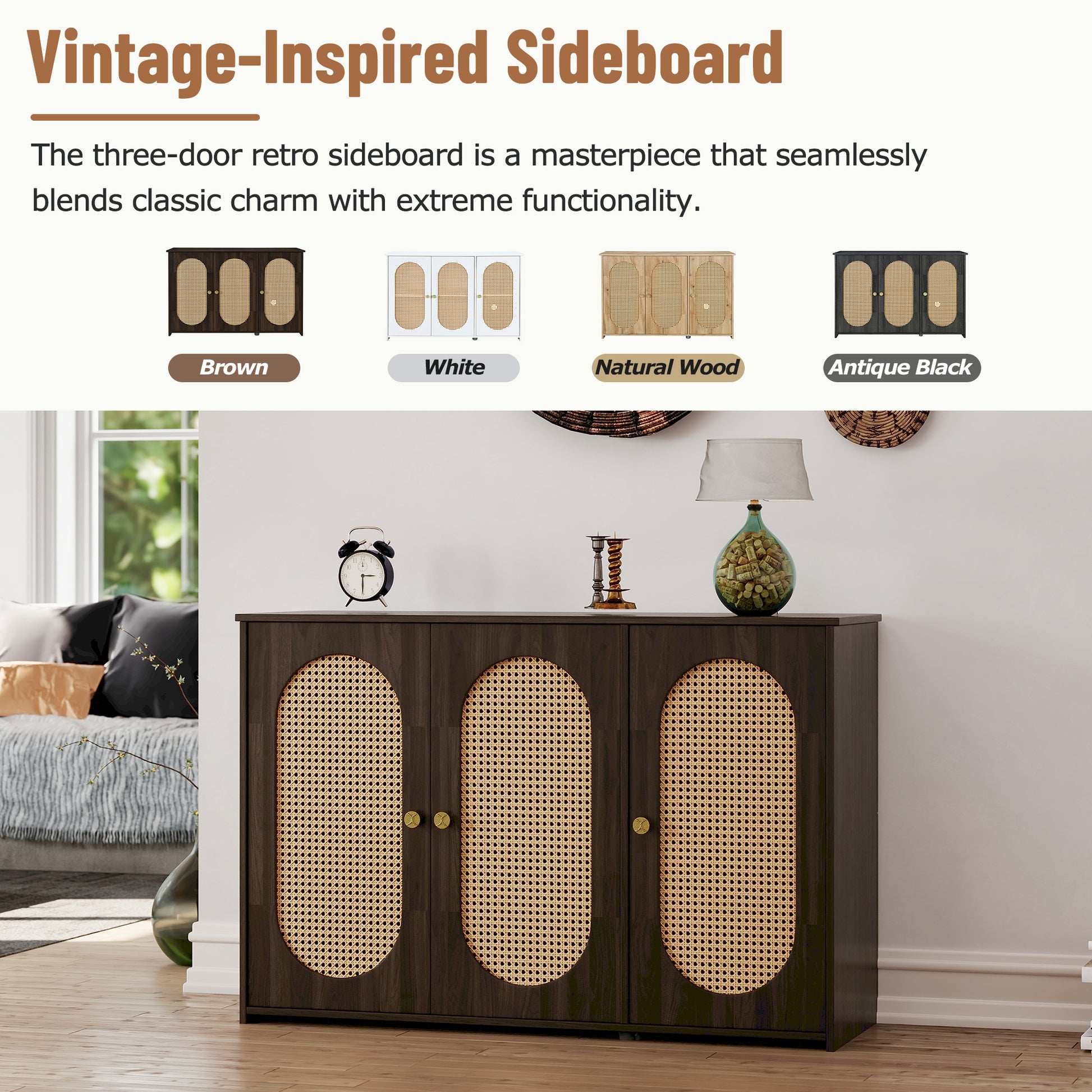 Retro 3 Door Sideboard With Large Storage Space Artificial Rattan Doors And Metal Handles, Accent Cabinet For Living Room And Hallway Brown Brown Particle Board Mdf