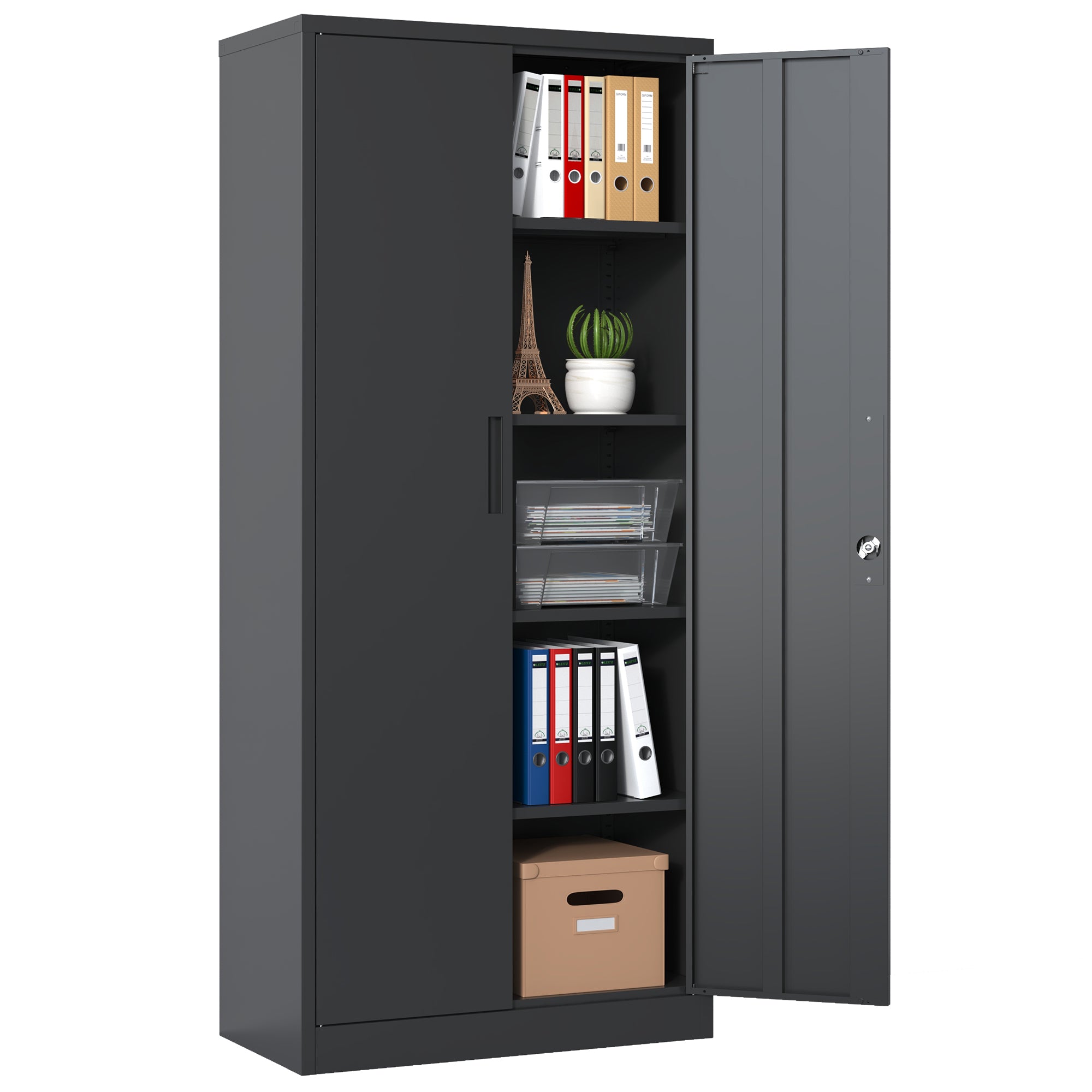 72"H Metal Garage Storage Cabinet, Black Tool Steel Locking Cabinet With Doors And 4 Shelves, Tall Cabinets For Garage Storage Systems Lockable File Cabinet For Home Office, Classroom Pantry Filing Cabinets 3 4 Shelves Black Office Adjustable Shelves