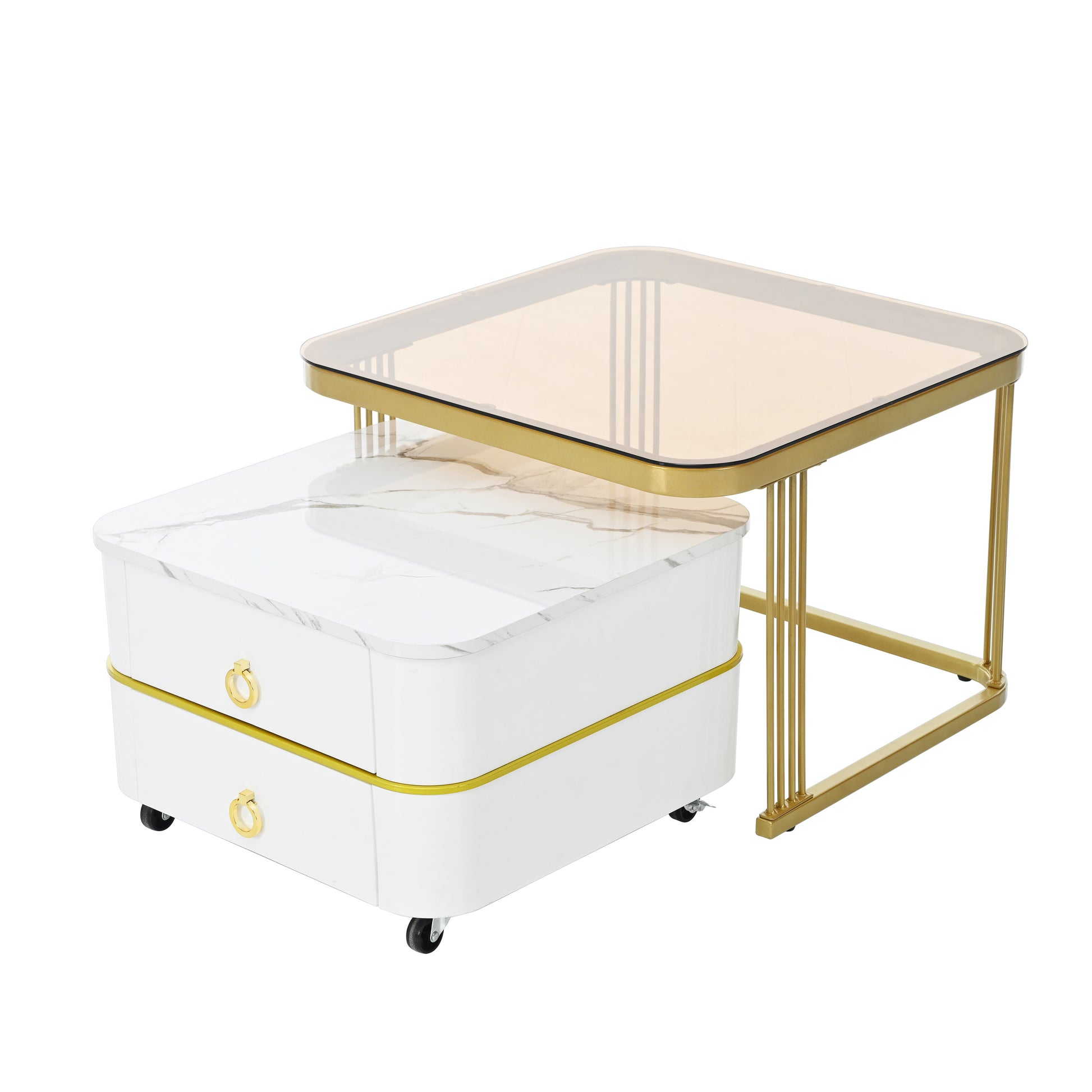 2 In 1 Square Nesting Coffee Table With Wheels & Drawers, Stackable Side Table With High Gloss Marble Grain Top, End Table Set With Brown Tempered Glass For Living Room, White White Gold Primary Living Space Drawers Square Mdf Steel