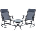 Outsunny 3 Piece Outdoor Rocking Bistro Set, Patio Folding Chair Table Set With Glass Coffee Table For Yard, Patio, Deck, Backyard, Grey Grey Fabric