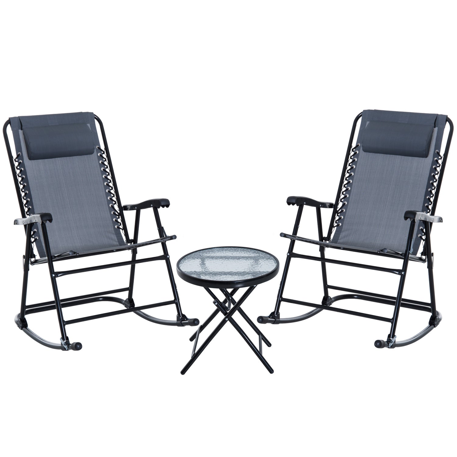 Outsunny 3 Piece Outdoor Rocking Bistro Set, Patio Folding Chair Table Set With Glass Coffee Table For Yard, Patio, Deck, Backyard, Grey Grey Fabric