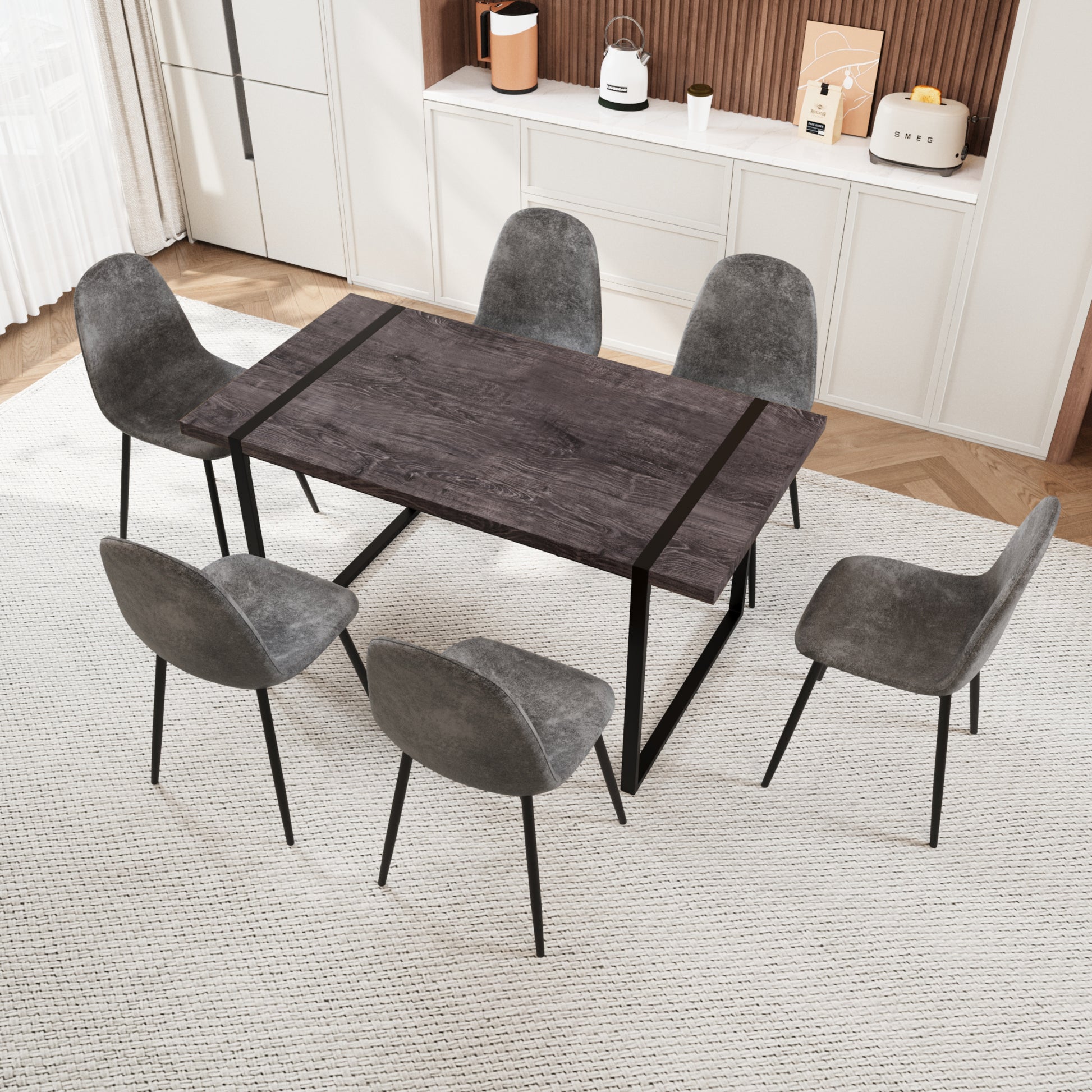 Mdf Black Wooden Dining Table And Modern Dining Chair Set Of 8 Pieces, Medieval Wooden Kitchen Dining Table Set, Black Metal Base, Dining Table And Suede Chair Set Buy 6 Chairs And Get 2 Free Grey