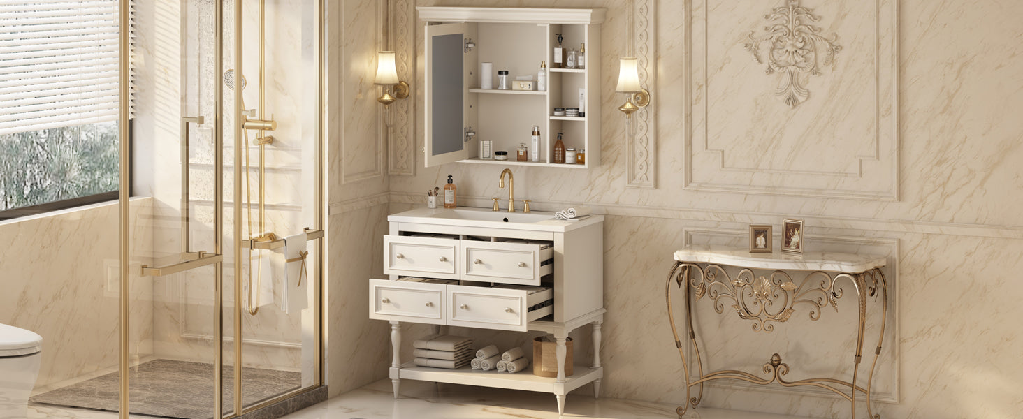 36'' Bathroom Vanity With Medicine Cabinet, Modern Mirror Cabinet With Adjustable Shelf, Bathroom Storage Cabinet With 4 Drawers, Solid Wood Frame Bathroom Storage Cabinet 4 Beige 1 5 Adjustable Hinges Bathroom Freestanding Solid Wood Mdf Resin Painted