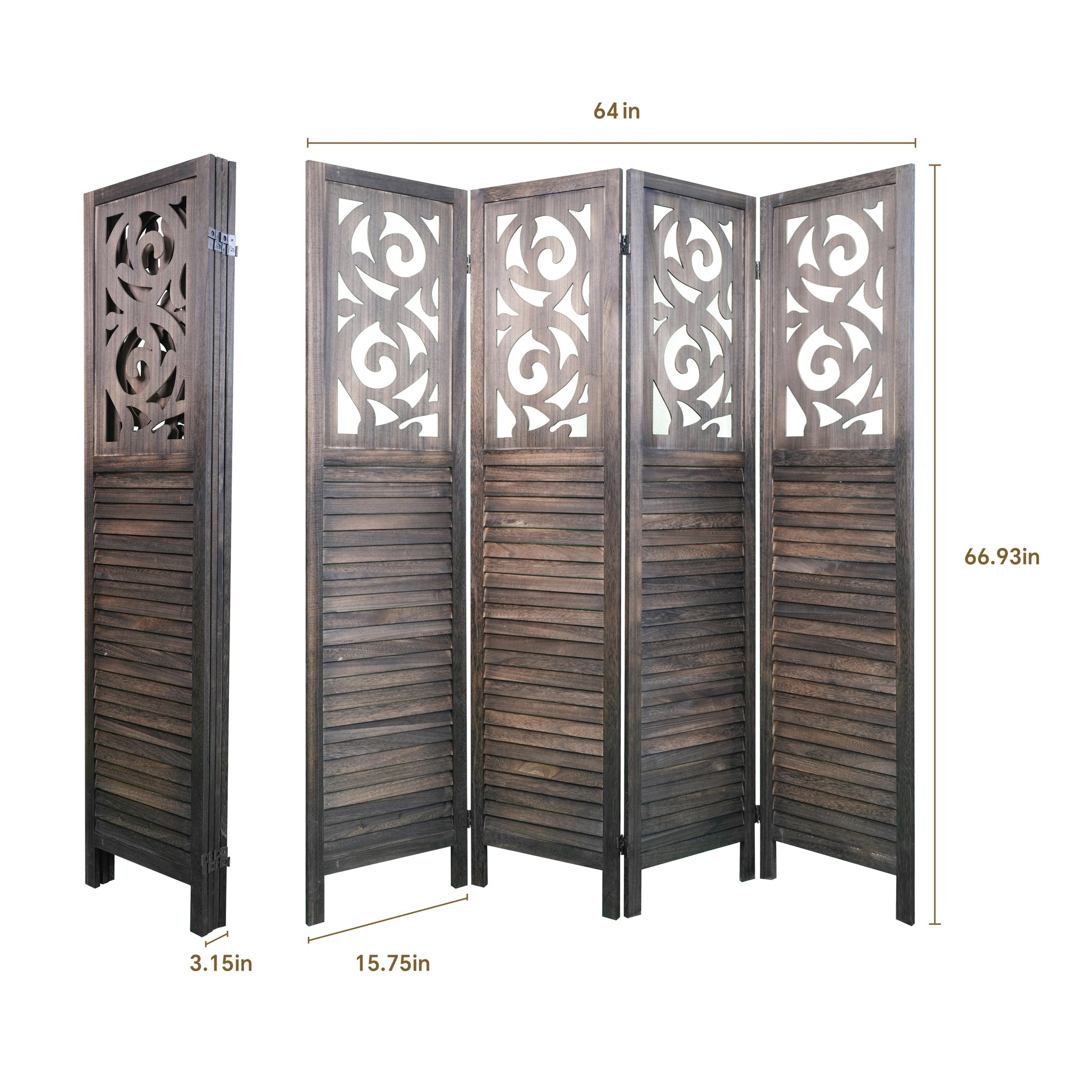 4 Panel Room Dividers, 6Ft Carved Wood Room Divider Partition Room Dividers Wall Wooden Carved Folding Privacy Screens Foldable Panel Wall Divider For Office Restaurant, Rustic Brown Rustic Brown Classic Wood