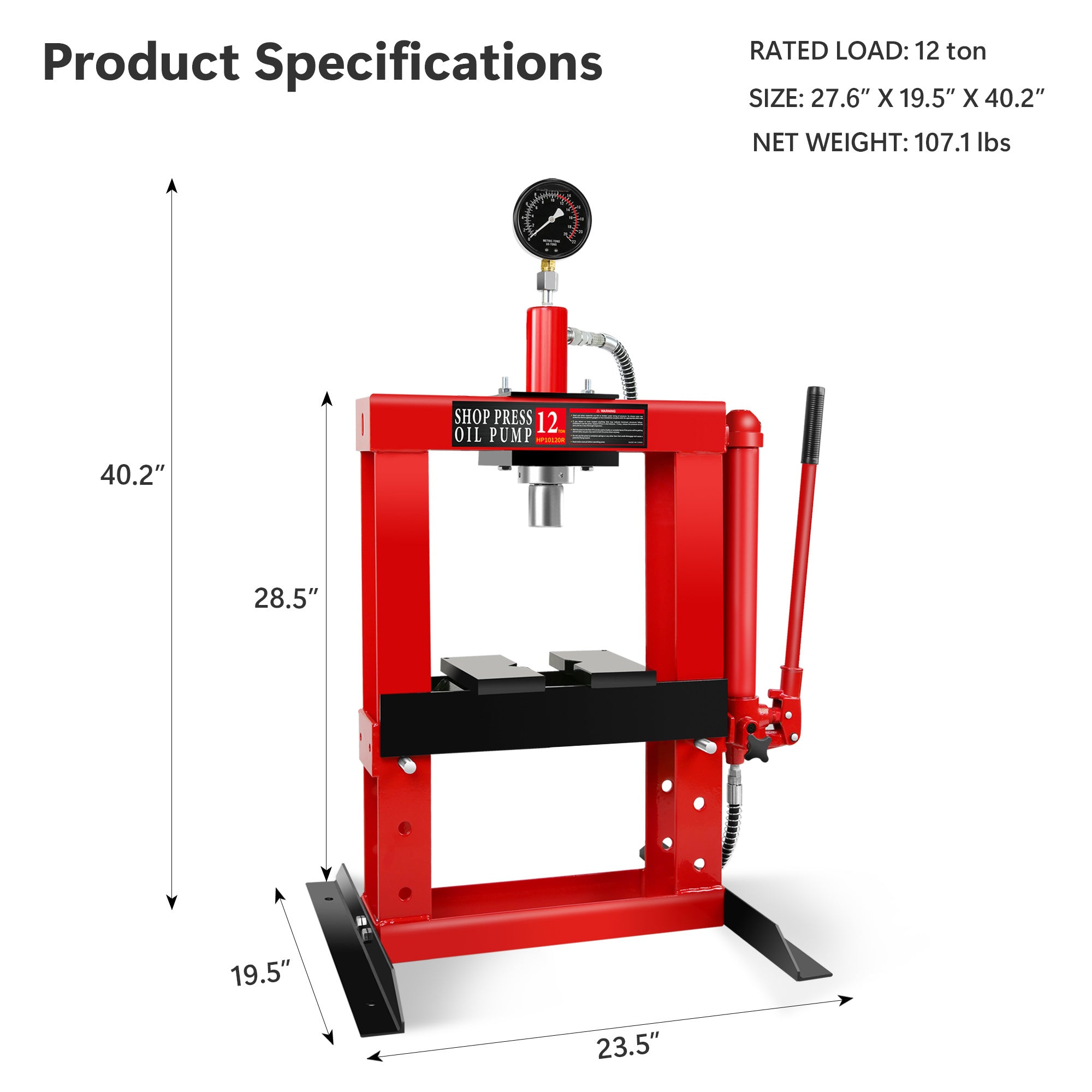 12 Ton Adjustable Benchtop Hydraulic Shop Press For Garage W