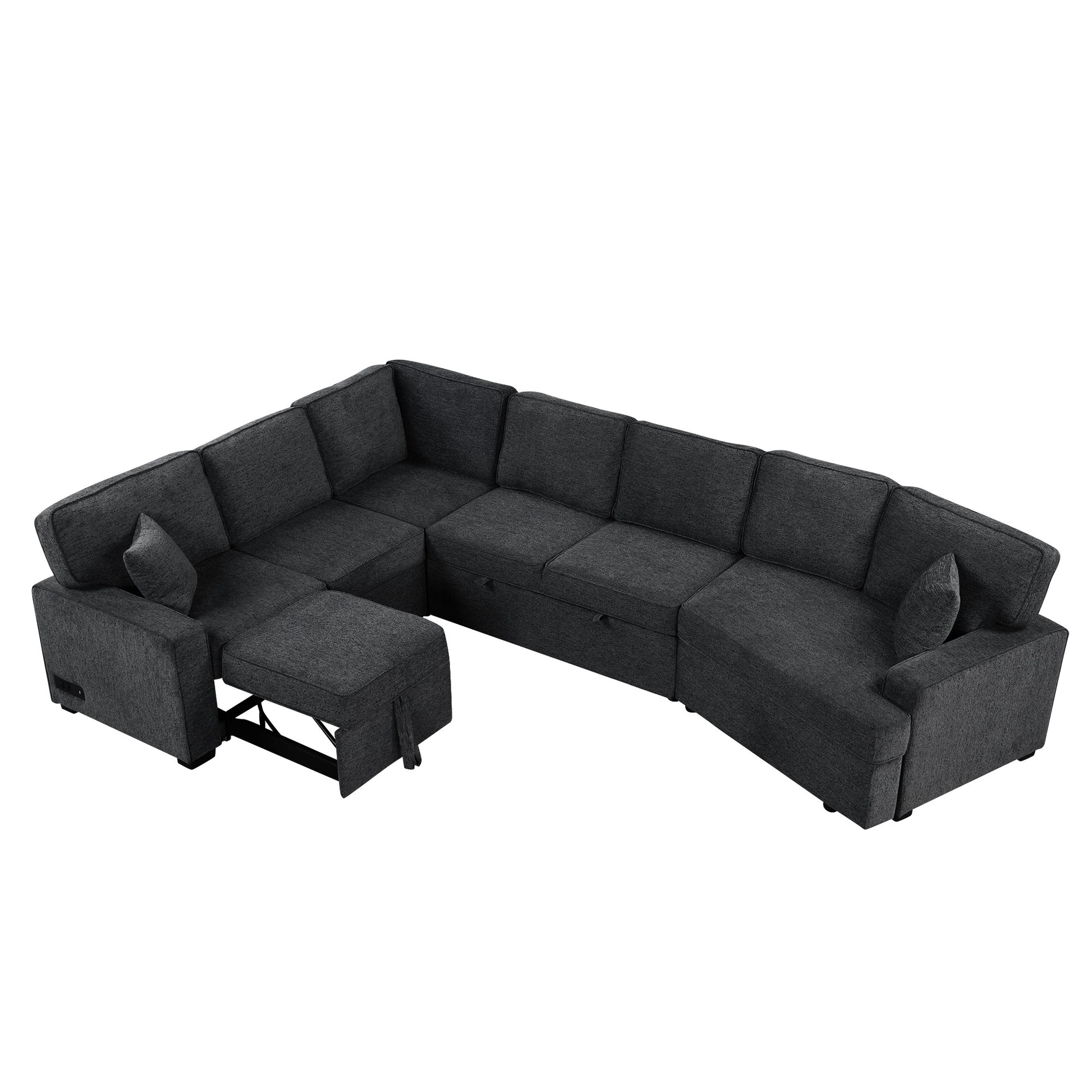 126" L Shaped Sofa Sectional Sofa Couch Pull Out Sofa Bed With Charging Devices And Cup Holders For Living Room, Blue Black Black Blue Foam Chenille 6 Seat