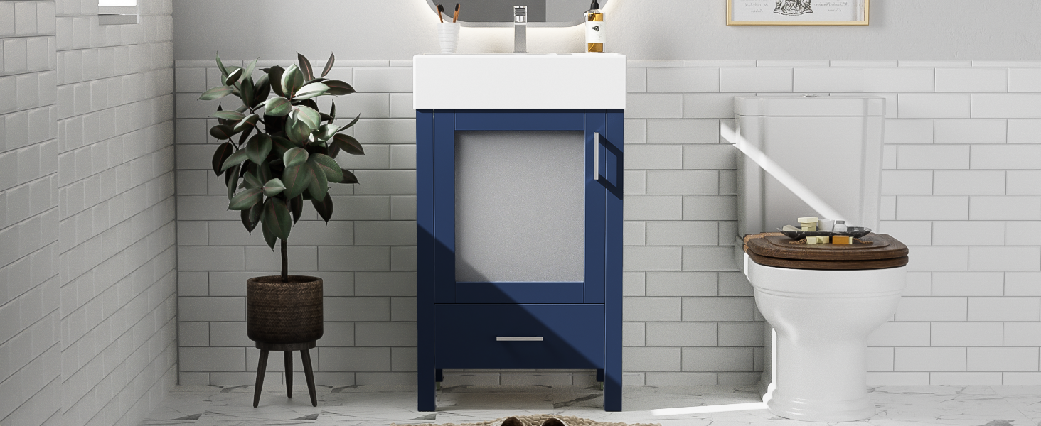 20 Inch Bathroom Vanity With Ceramic Sink Andstorage Ideal For Small Bathrooms Blue Bathroom Solid Wood Mdf