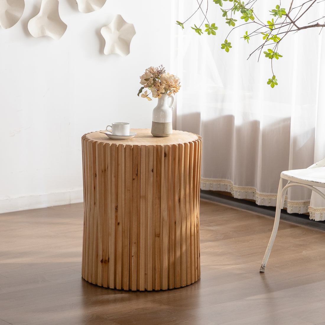 Retro Fashion Style Cylindrical Side Table With Vertical Texture Relief Design,Suitable For Living Room,Office,And Dining Room Same Sku:W757102860 Natural Mdf