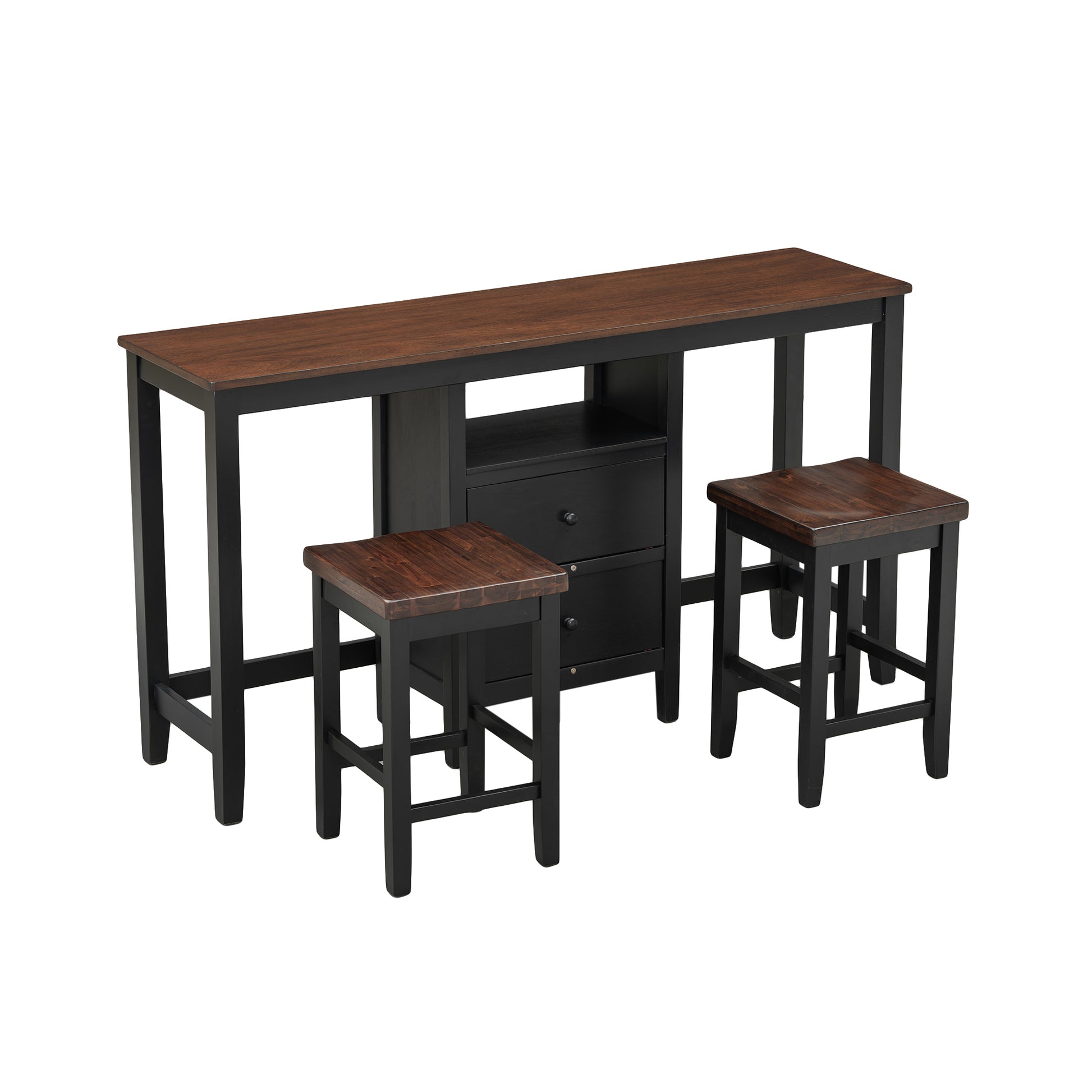 Farmhouse Rustic 3 Piece Counter Height Wood Dining Table Set With Cabinet,2 Storage Drawers And 2 Stools For Small Places,Black Cherry Wood Wood Cherry Seats 2 Wood Dining Room Farmhouse Rubberwood Rectangular Foam Solid Wood