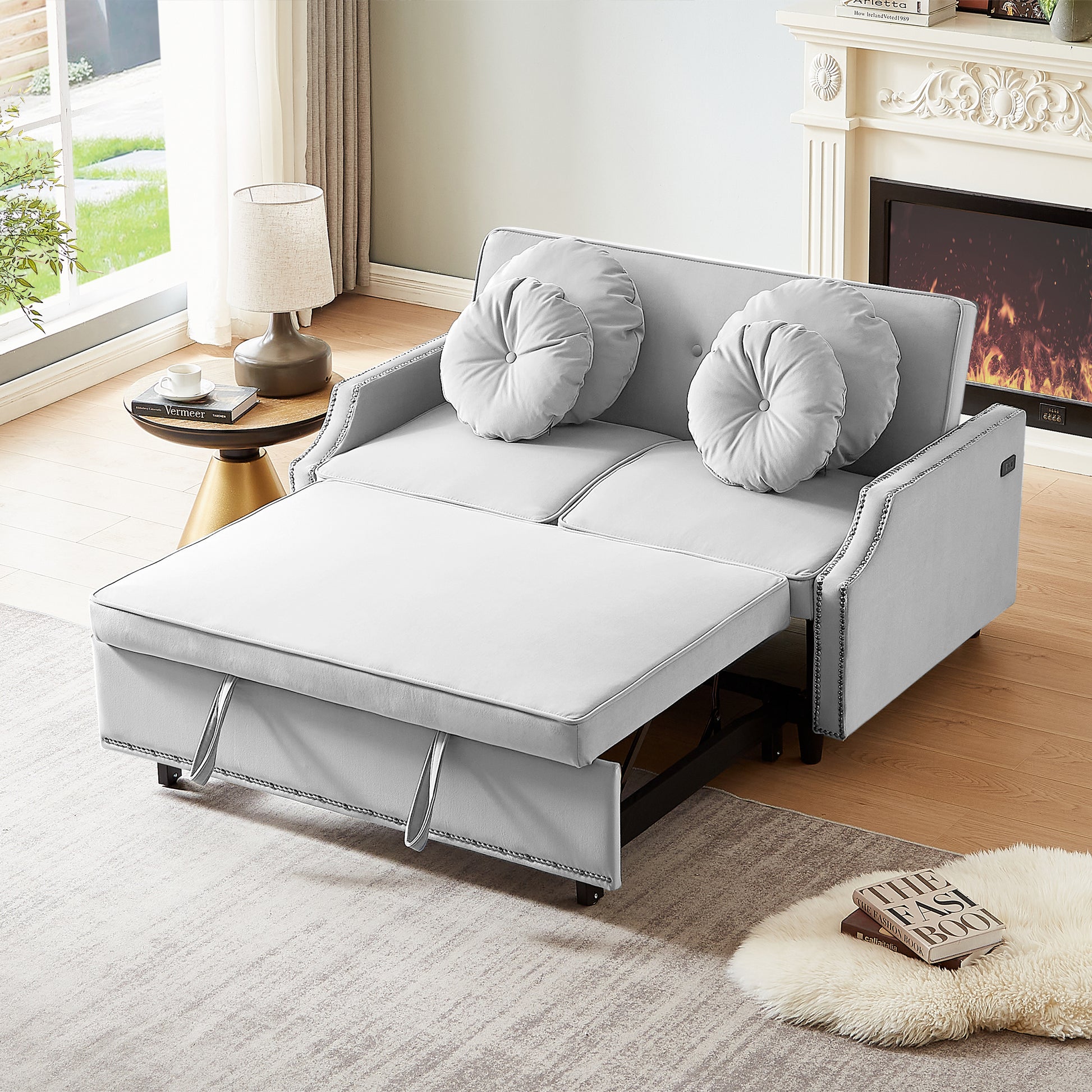 54.7" Multiple Adjustable Positions Sofa Bed Stylish Sofa Bed With A Button Tufted Backrest, Two Usb Ports And Four Floral Lumbar Pillows For Living Room, Bedroom,Or Small Space, Light Grey Light Grey Foam Polyester 2 Seat