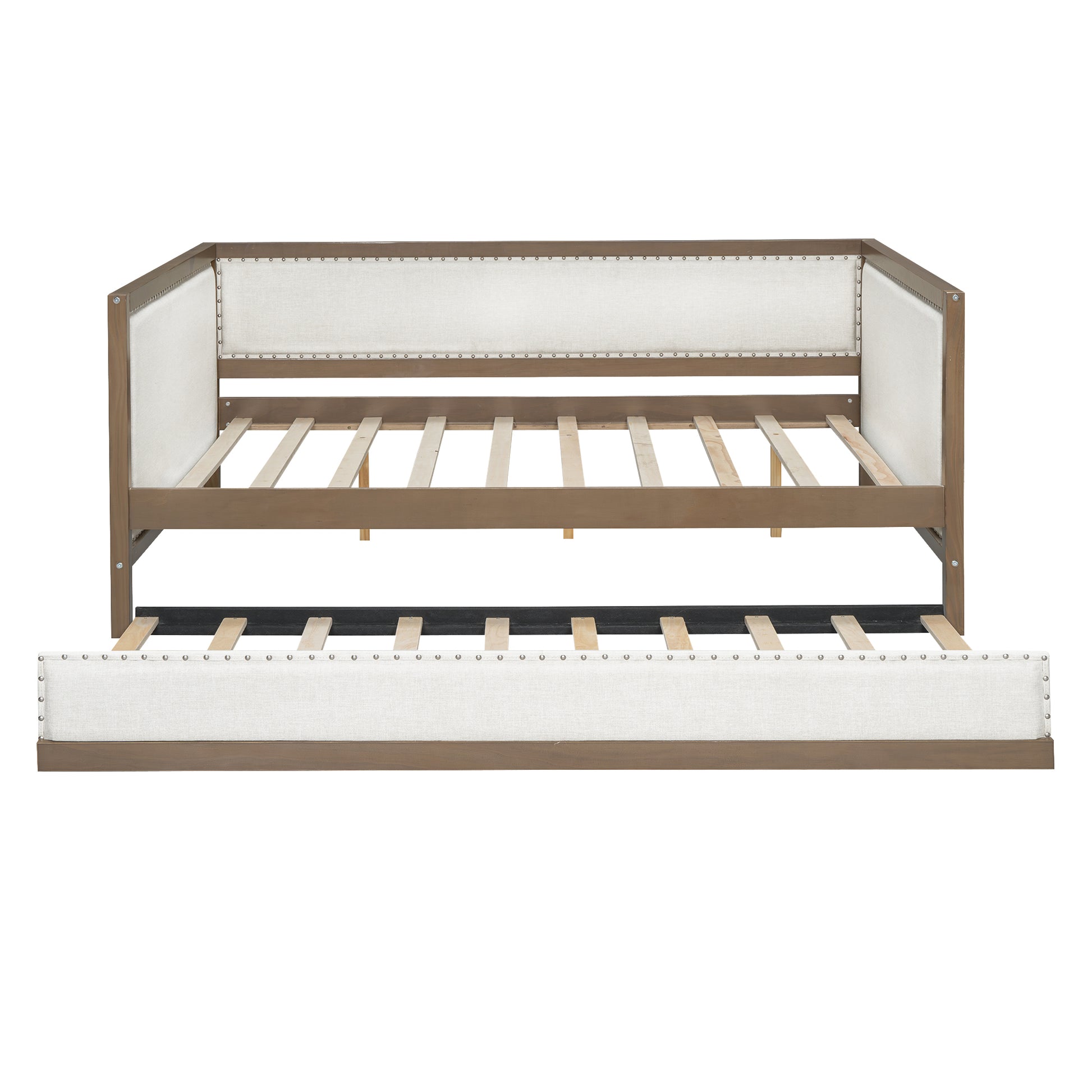 Full Size Upholstered Daybed With Trundle And Decoration, Wood Color Box Spring Not Required Full Wood Wood Daybeds Linen Upholstered