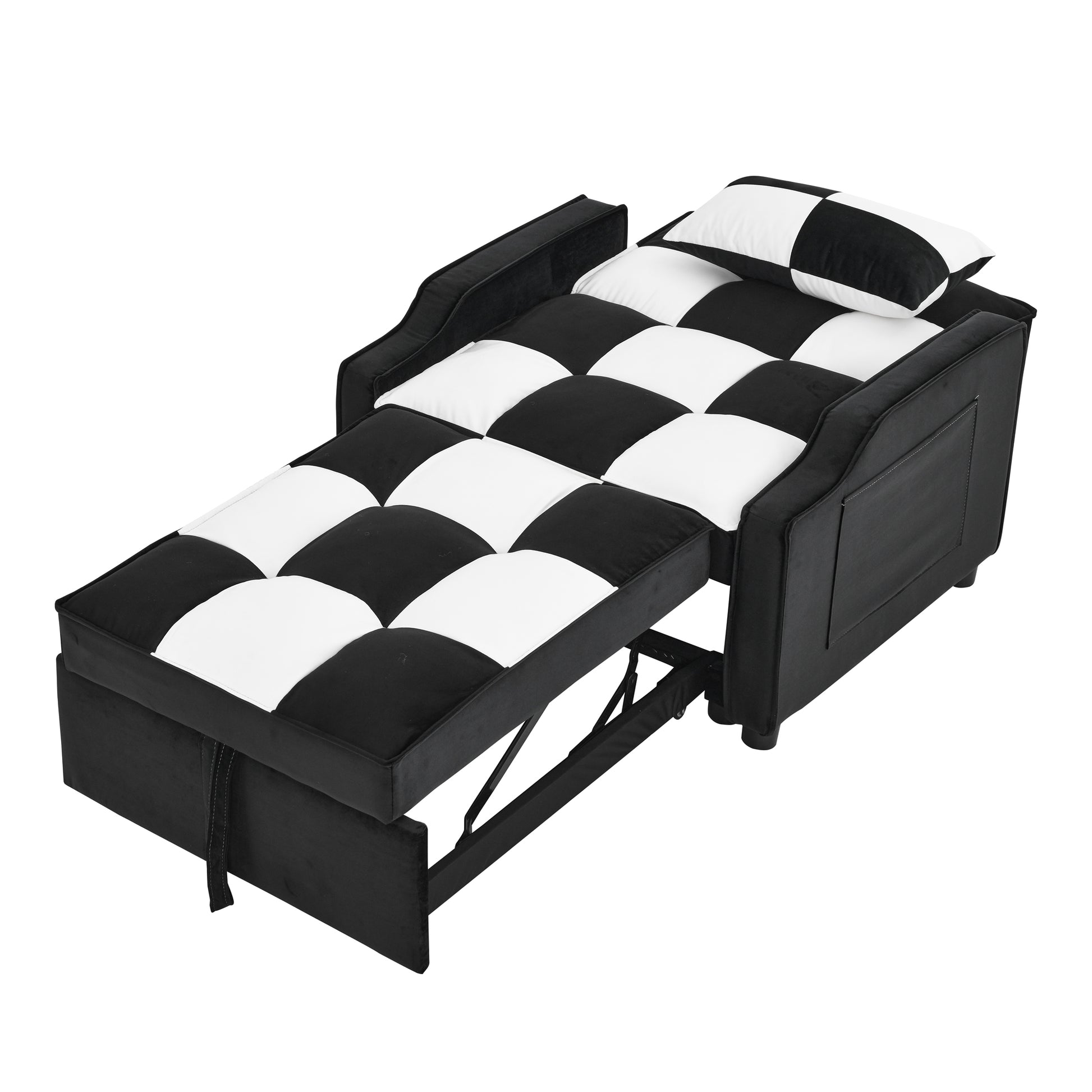 Modern Velvet Armchair Sofa Couch Pull Out Bed,3 In One Convertible For Living Room Sofa Bed,Black White Black White Velvet Primary Living Space Cushion Back Medium Soft Medium Duty American Design Pillow Top Arms Foam Velvet 1 Seat