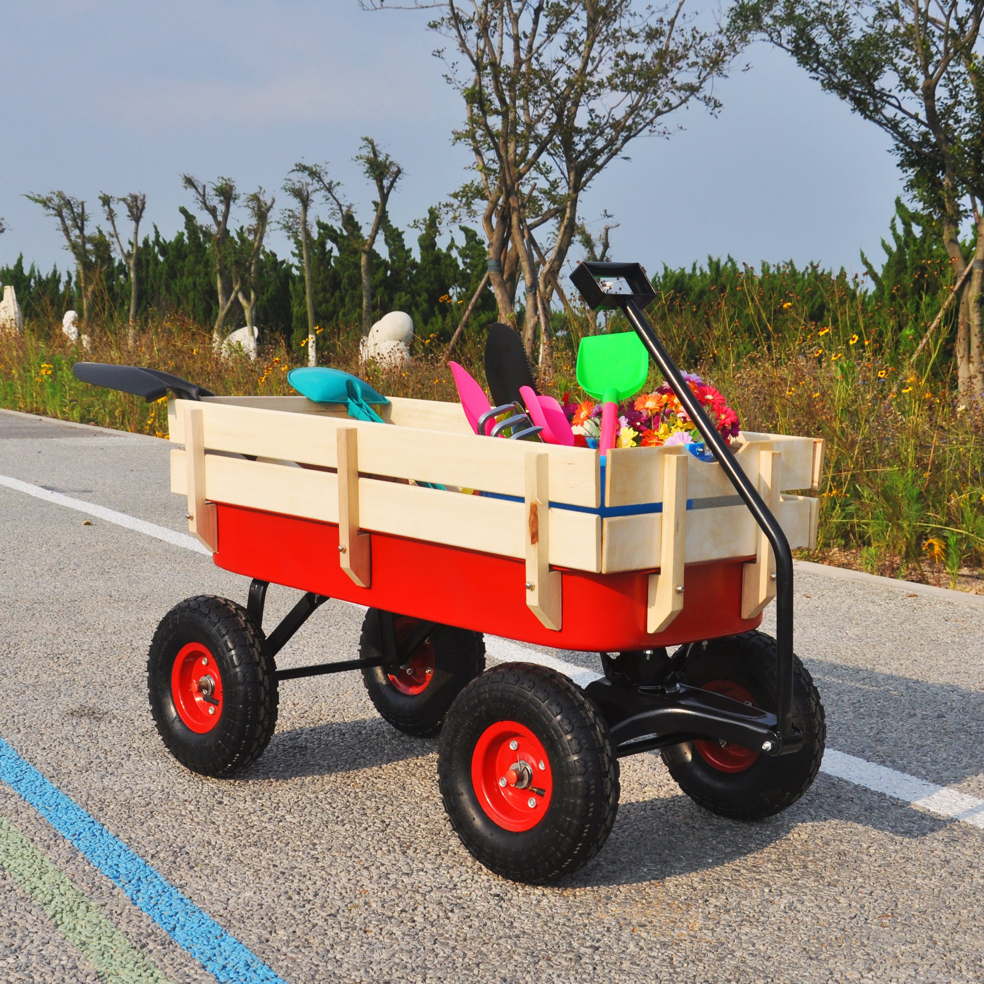 Outdoor Sport Wagon Tools Cart Wooden Side Panels Air Tires Wagon Red Red Garden & Outdoor Metal