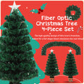 Pre Lit Optical Fiber Christmas Artificial Tree 4 Piece Set, Christmas Garland, Wreath And Set Of 2 Entrance Trees With Colorful Lights, Pvc Festival Celebration Set Green Pvc