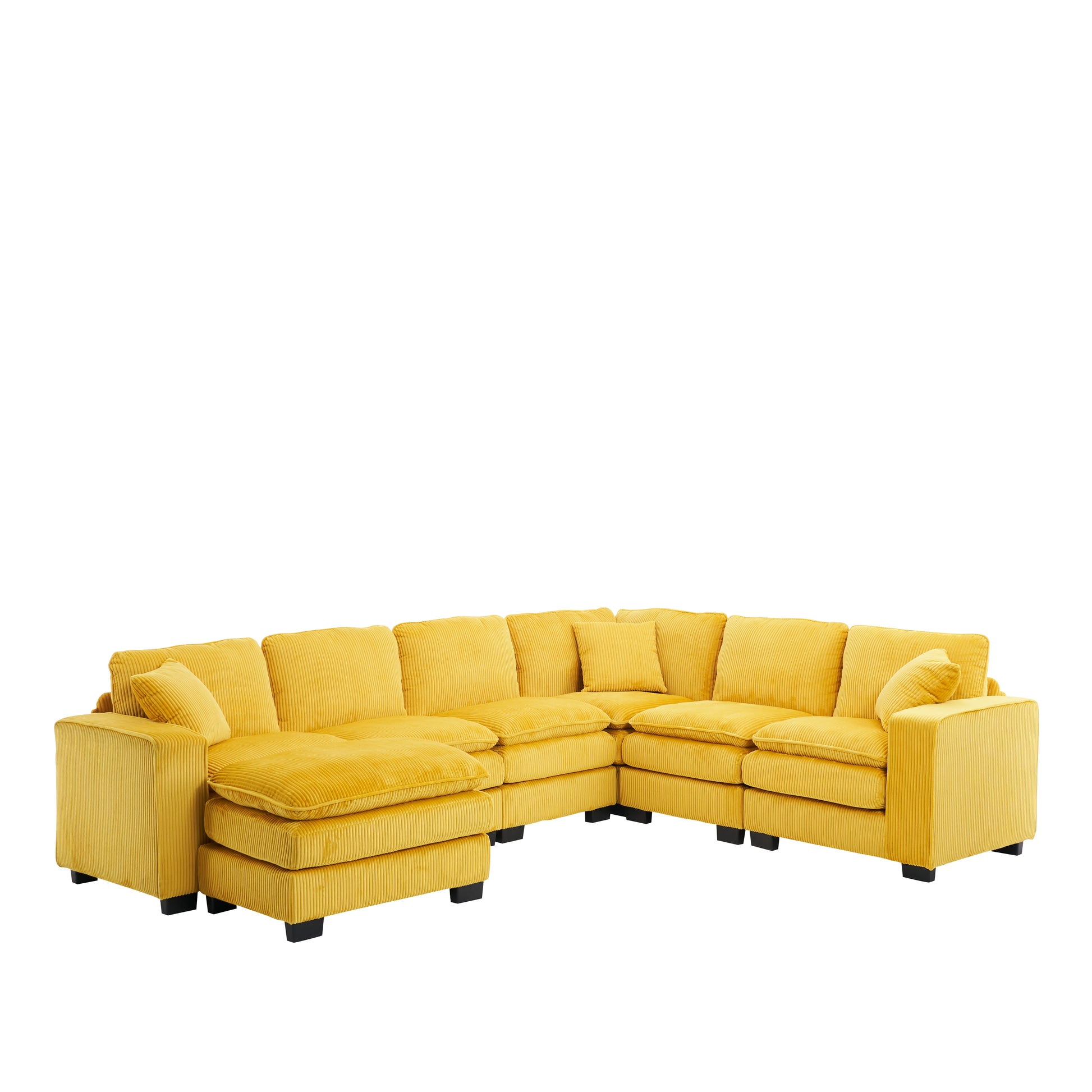 Modern U Shaped 6 Seat Sectional Sofa Couch With One Ottoman And Three Toss Pillows ,Modular Sofa For Living Room,Corduroy Sofa Yellow Corduroy 7 Seat