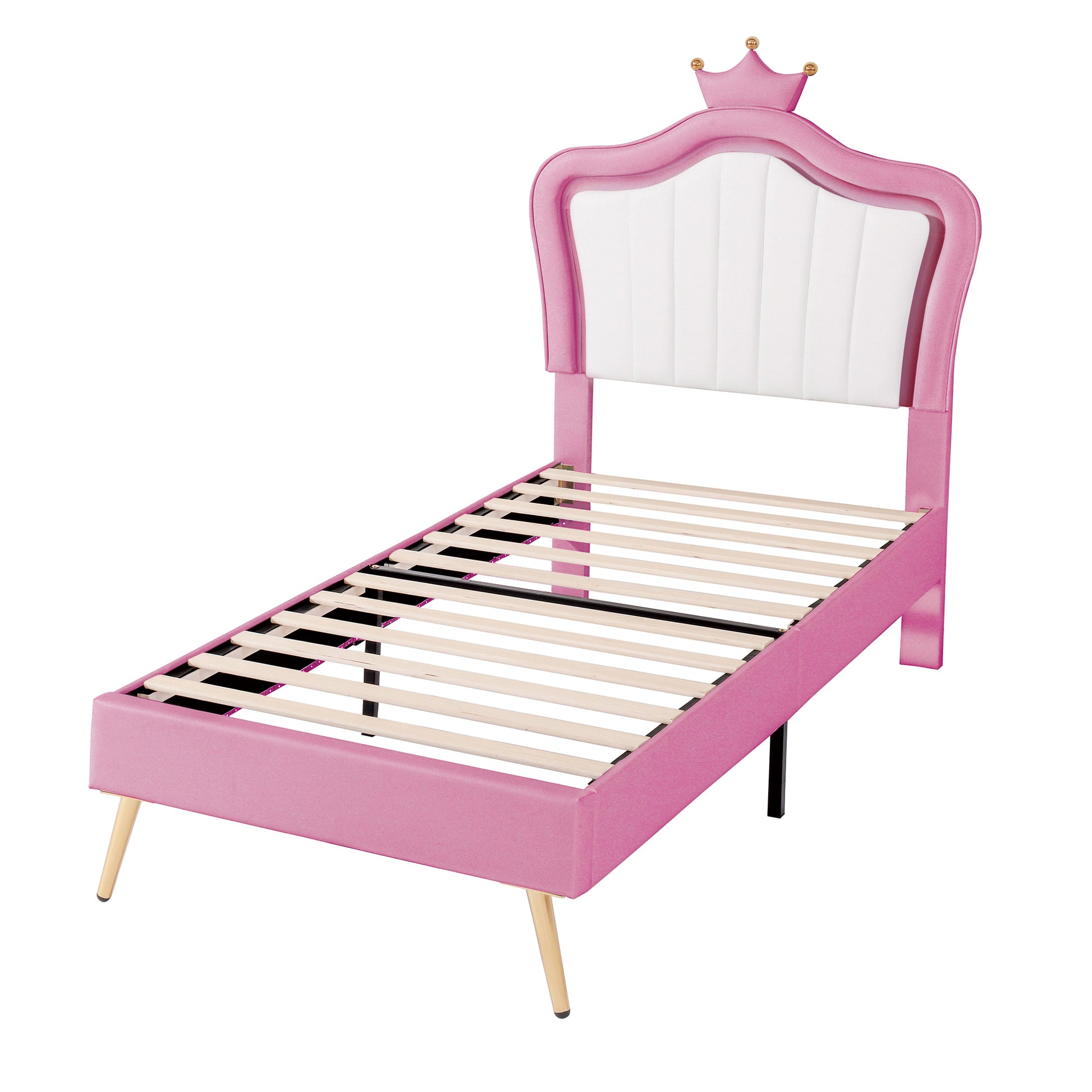 Twin Size Upholstered Bed Frame With Led Lights, Modern Upholstered Princess Bed With Crown Headboard,White Pink Twin White Pink Pu