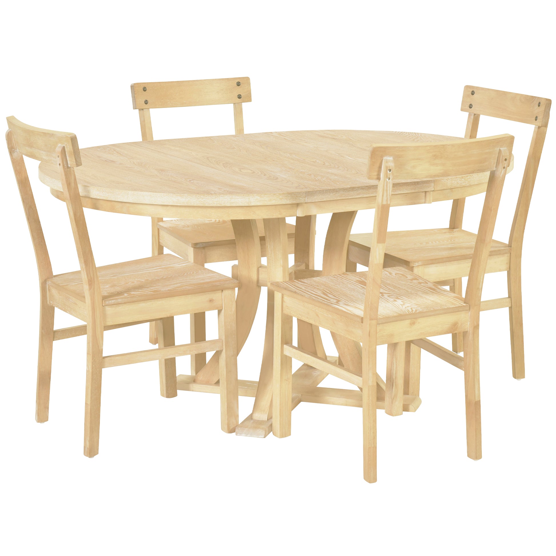 5 Piece Rustic Round Pedestal Extendable Dining Table Set With 15.7" Removable Leaf And Simple Dining Chirs For Small Places, Natural Wood Dining Room Extendable Rubberwood Oval Dining Table With Chair Wood Wood Natural Seats 4 Removable Leaf Farmhouse