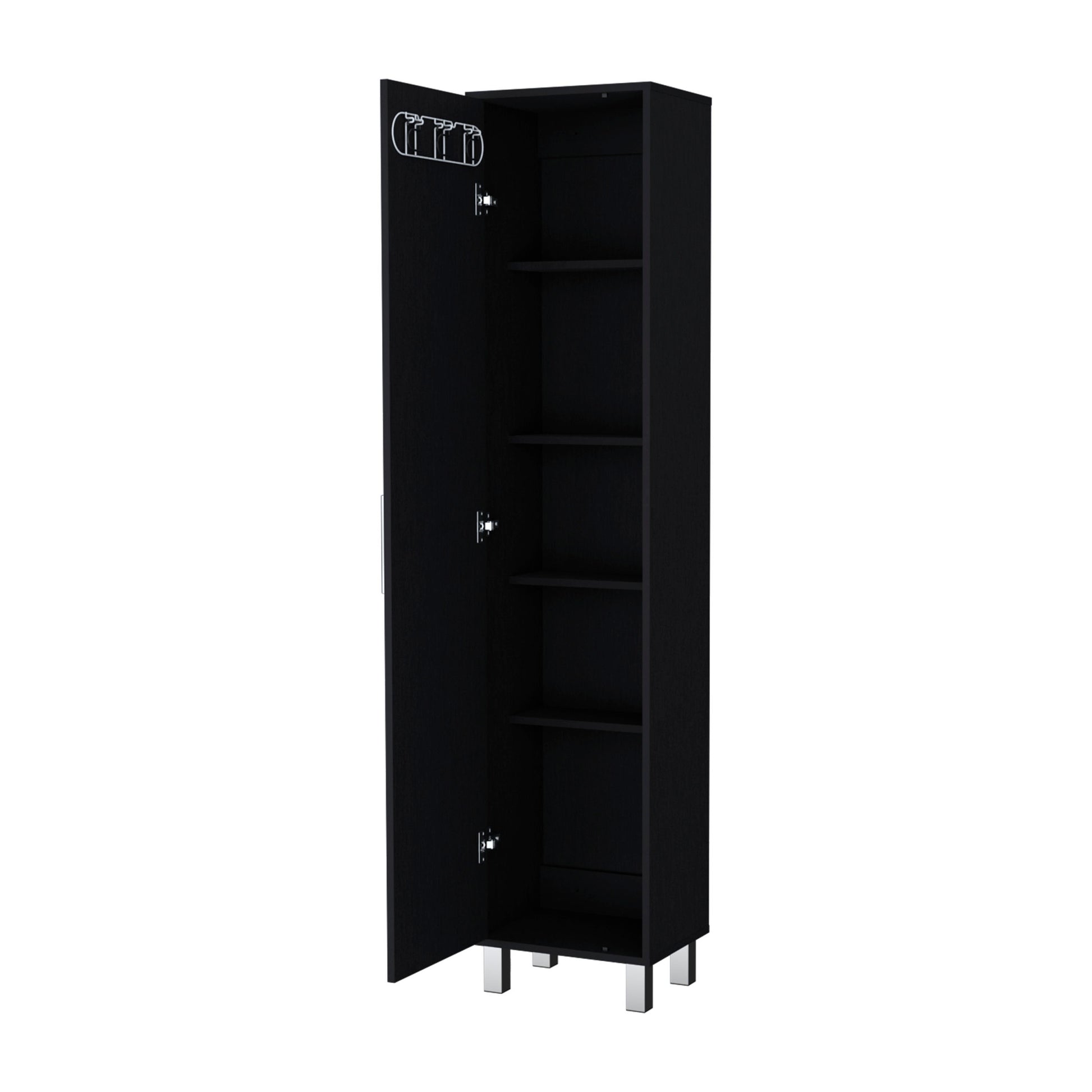 Lawen Tall Storage Cabinet, Single Door, 3 Broom Hangers Black Contemporary Particle Board Melamine