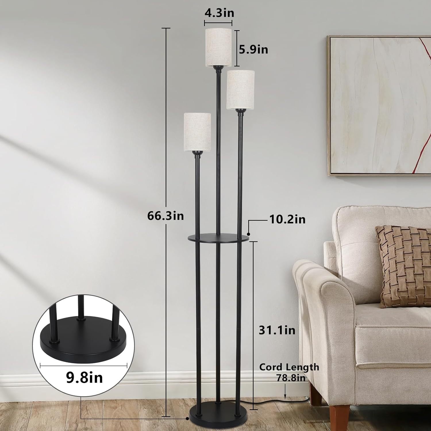 Floor Lamp With Shelves, Modern Floor Lamps For Living Room, 3 Lights Standing Lamp With Linen Shade And Foot Switch, Industrial Standing Lamps For Bedroom, Black Tall Table Lamp For Office Brown Black Rattan Metal