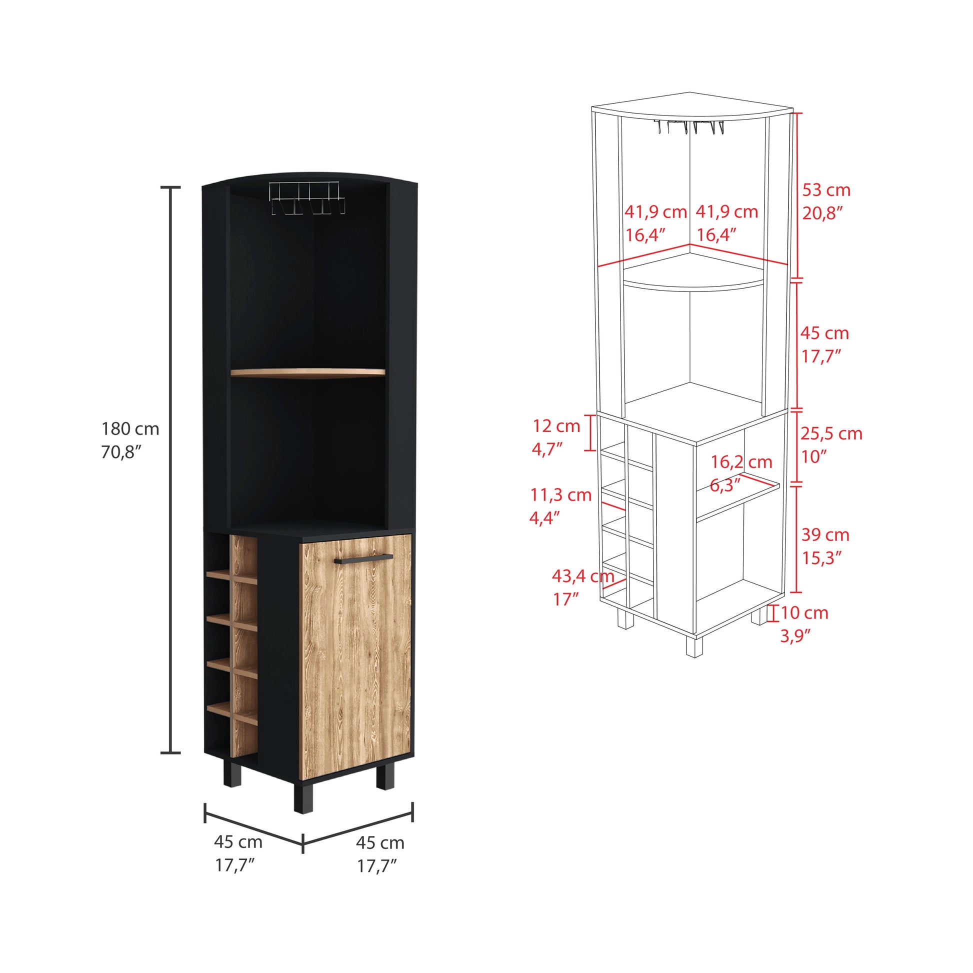 Kaia 70" Tall Corner Bar Cabinet With Four Shelves, Ten Wine Bottle Cubbies And Stemware In Black Pine Multi Primary Living Space Modern Shelves Included Particle Board