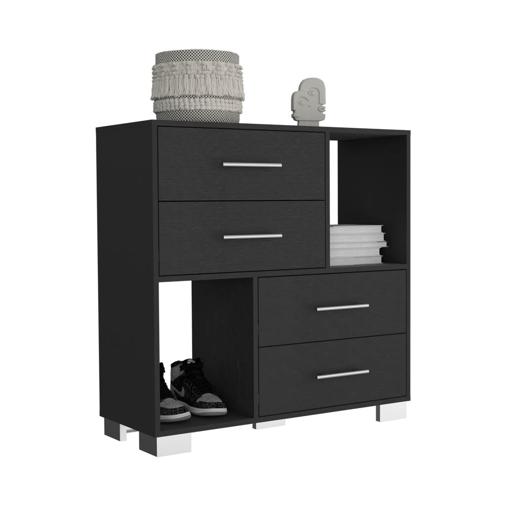 Dresser 35"Htwo Open Shelves, Four Drawers, Metal Handles, Black Black Particle Board Particle Board