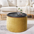 2 Piece Set Round Chenille Storage Ottoman, Equipped With A Drum Shaped Small Stool, Storage Space, And Mdf Made Desktop Panel Dark Yellow 23.62