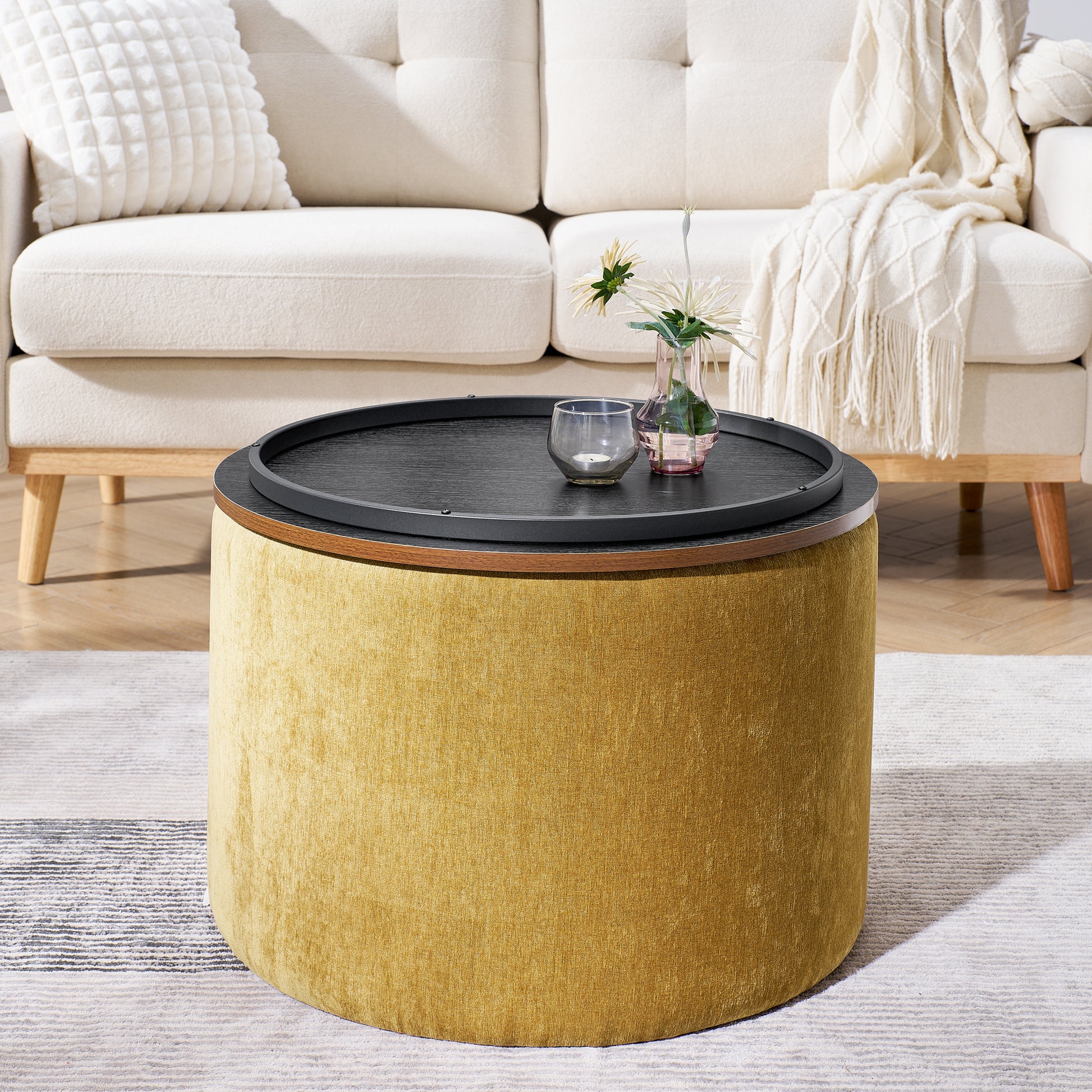 2 Piece Set Round Chenille Storage Ottoman, Equipped With A Drum Shaped Small Stool, Storage Space, And Mdf Made Desktop Panel Dark Yellow 23.62"X23.62"X16.53" Dark Yellow Chenille