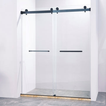 56 60"W X 75"H Frameless Double Sliding Shower Door, 304 Stainless Steel In Matte Black, 5 16" 8Mm Thick Sgcc Tempered Clear Glass. Matte Black Bathroom Classic,Luxury,Modern Glass Stainless Steel