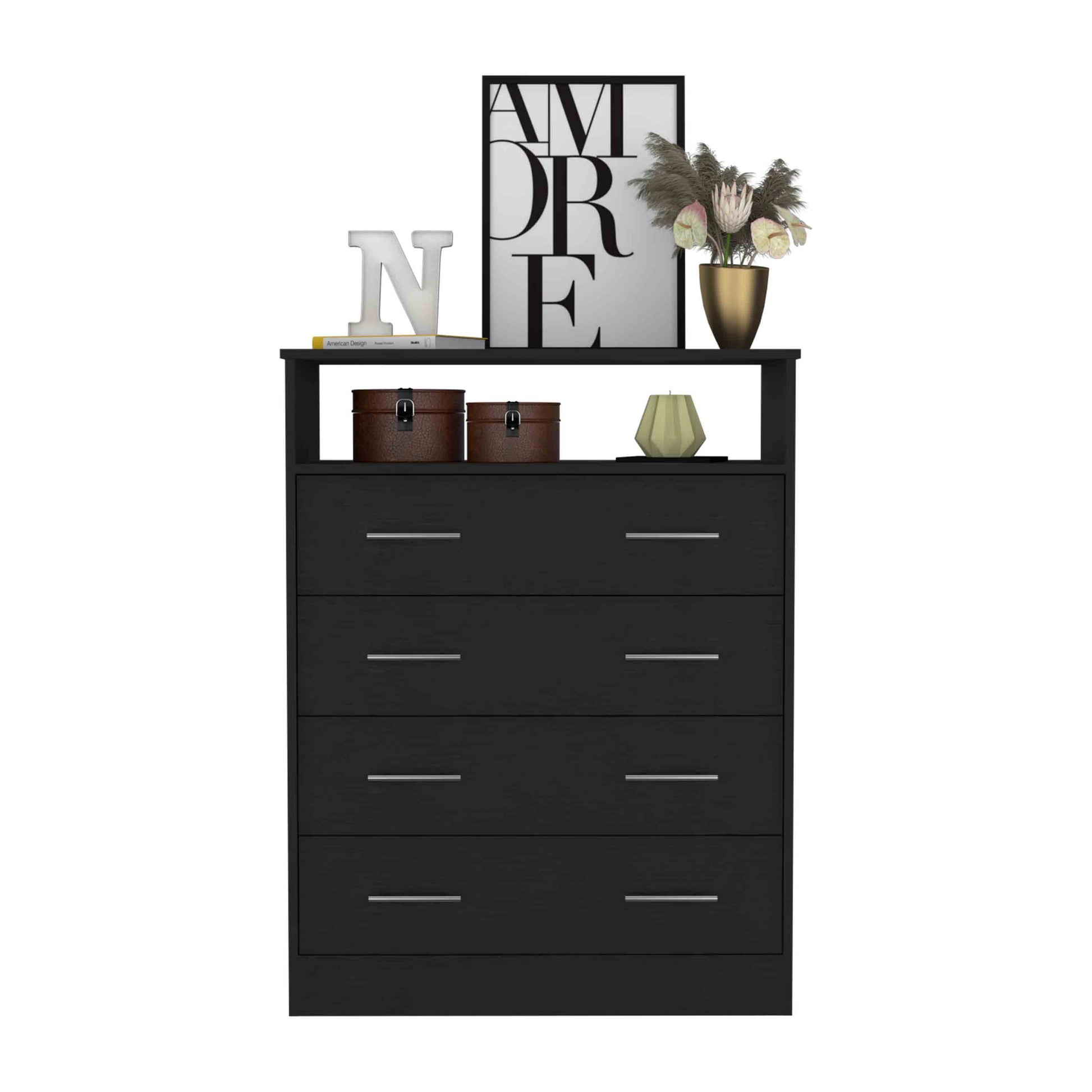 Four Drawer Dresser, Superior Top, One Open Shelf, Black Black Solid W Four Drawer Dresser, Superior Top, One Open Shelf, Black Black Solid W