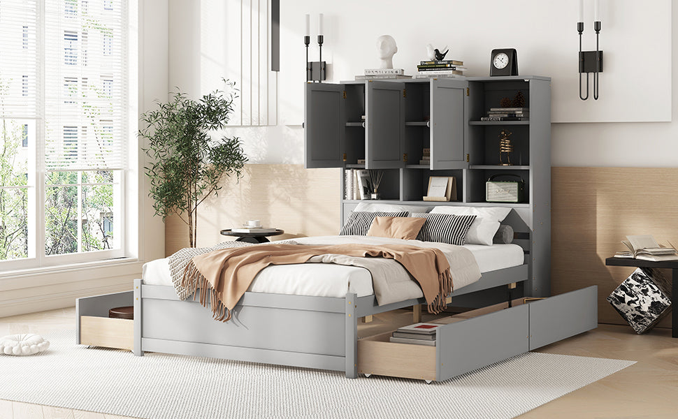 Full Size Platform Bed With Storage Headboard And 4 Drawers, Gray Box Spring Not Required Full Gray Wood Bedroom Bed Frame Solid Wood Mdf