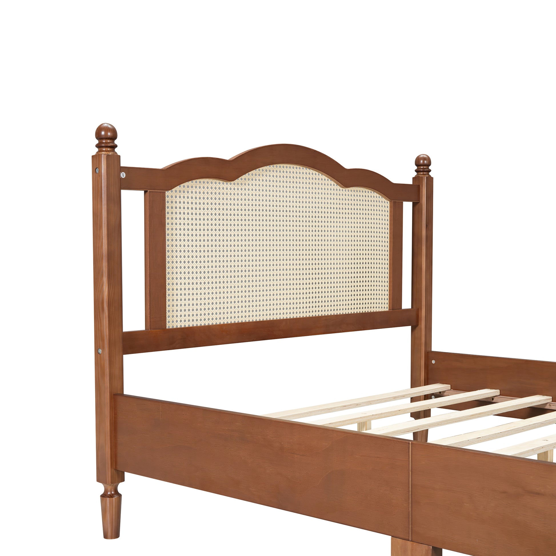 Full Size Wooden Platform Bed With Natural Rattan Headboard, Vintage Bed Frame With Wooden Slat Support, Walnut Box Spring Not Required Full Walnut Wood