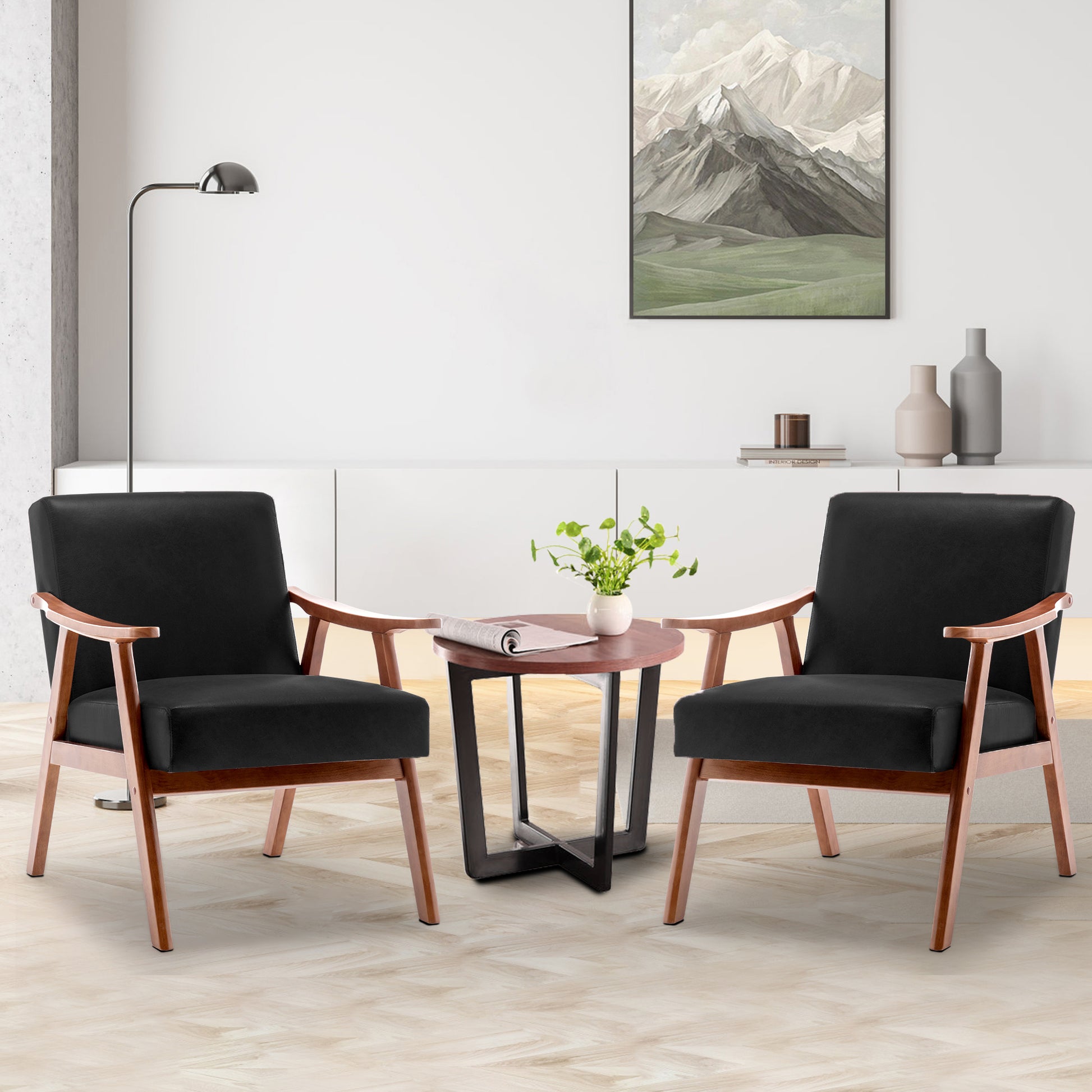 Mid Century Modern Chair, Living Room Chair With Solid Wood Frame, Accent Chair Extra Thick Backrest, Wingback Chair For Bedroom, Reading Room, Living Room, Lounge Chair Indoor Black Pu Primary Living Space Mid Century Modern Foam Pu Leather