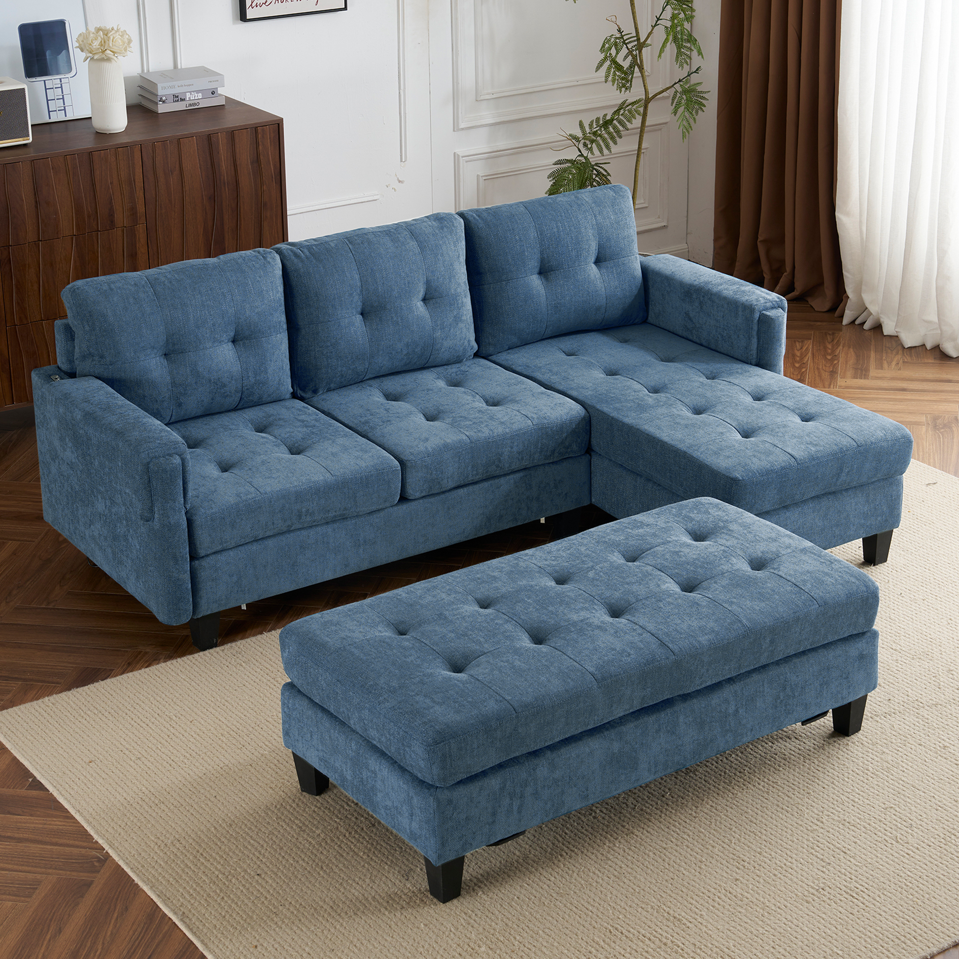 83.4" L Shaped Sofa Sectional Couch Sofa Bed With Two Usb Ports, A Movable Ottoman And A Reversible Chaise Lounge For Living Room, Navy Blue Navy Blue Foam Chenille 5 Seat