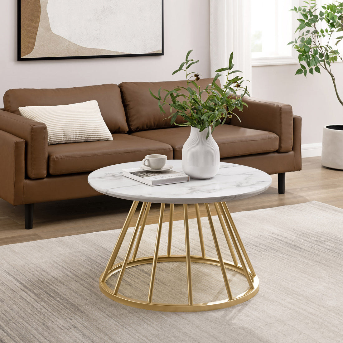 Modern Round Coffee Table With Metal Base White Marble Gold White Marble Mdf Mdf