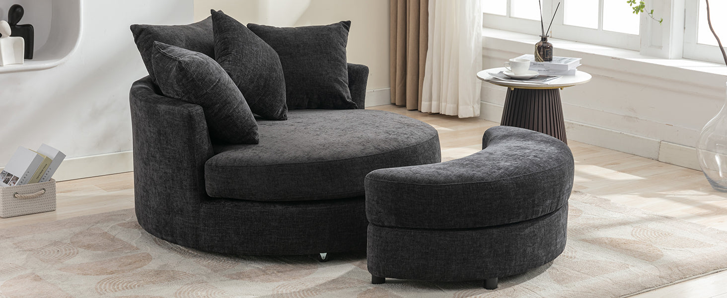 Orisfur. 360 Swivel Accent Barrel Chair With Storage Ottoman & 4 Pillows, Modern Chenille Leisure Chair Round Accent For Living Room, Gray Gray Foam Chenille