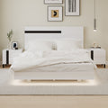 Modern High Gloss 3 Piece Bedroom Set Floating Bed Frame Queen Size Platform Bed With Led Light & 2 Nightstands, White Box Spring Not Required Queen White Wood 3 Piece Set Solid Wood Mdf
