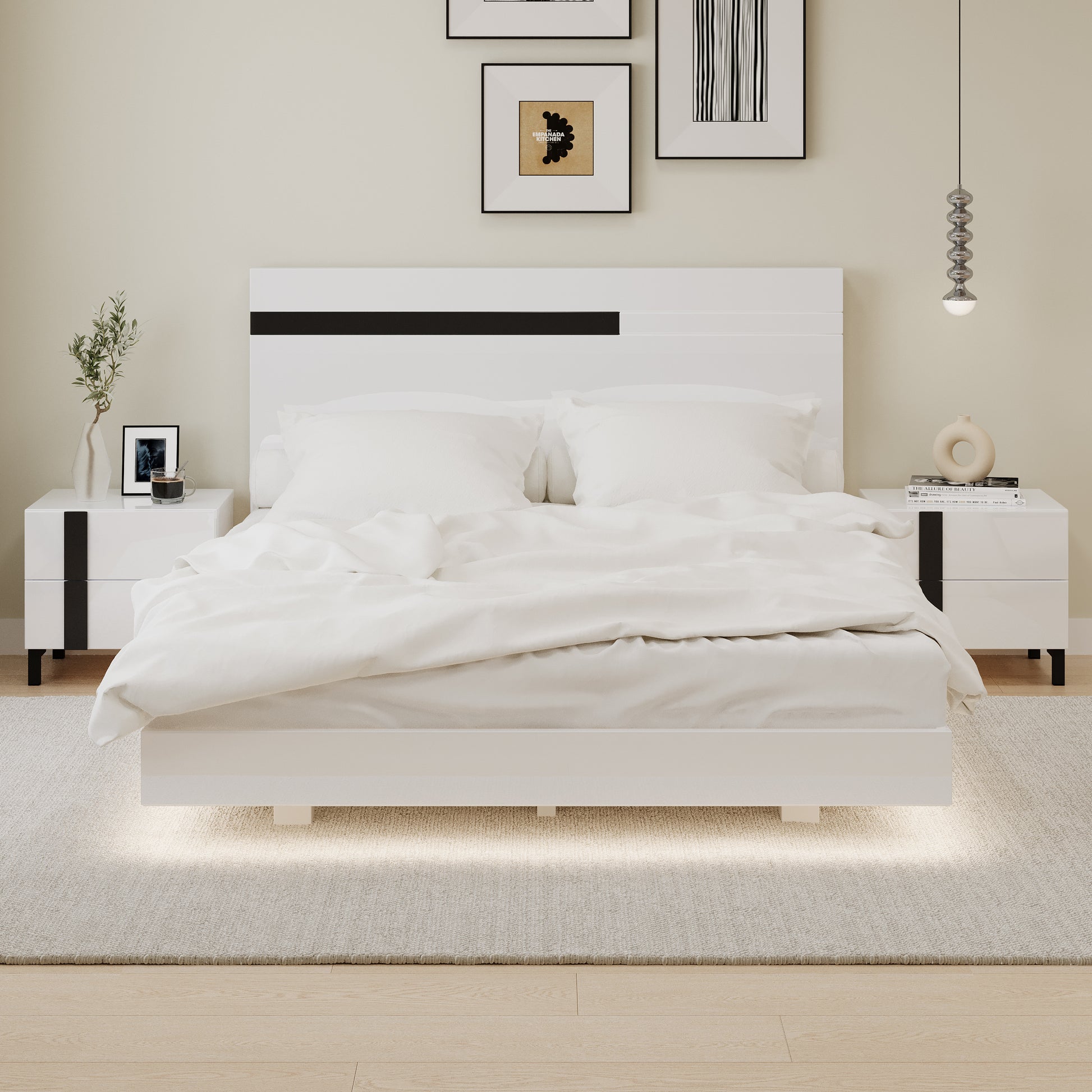 Modern High Gloss 3 Piece Bedroom Set Floating Bed Frame Queen Size Platform Bed With Led Light & 2 Nightstands, White Box Spring Not Required Queen White Wood 3 Piece Set Solid Wood Mdf