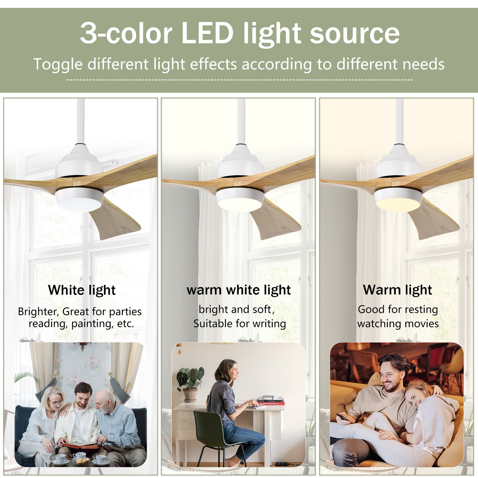 52" Ceiling Fan With Lights Remote Control,Quiet Dc Motor 3 Blade Ceiling Fans 6 Speed Levels,Reversible Ceiling Fan, For Patio Living Room, Bedroom, Office,Indoor. White Natural White Farmhouse,Industrial Iron Wood